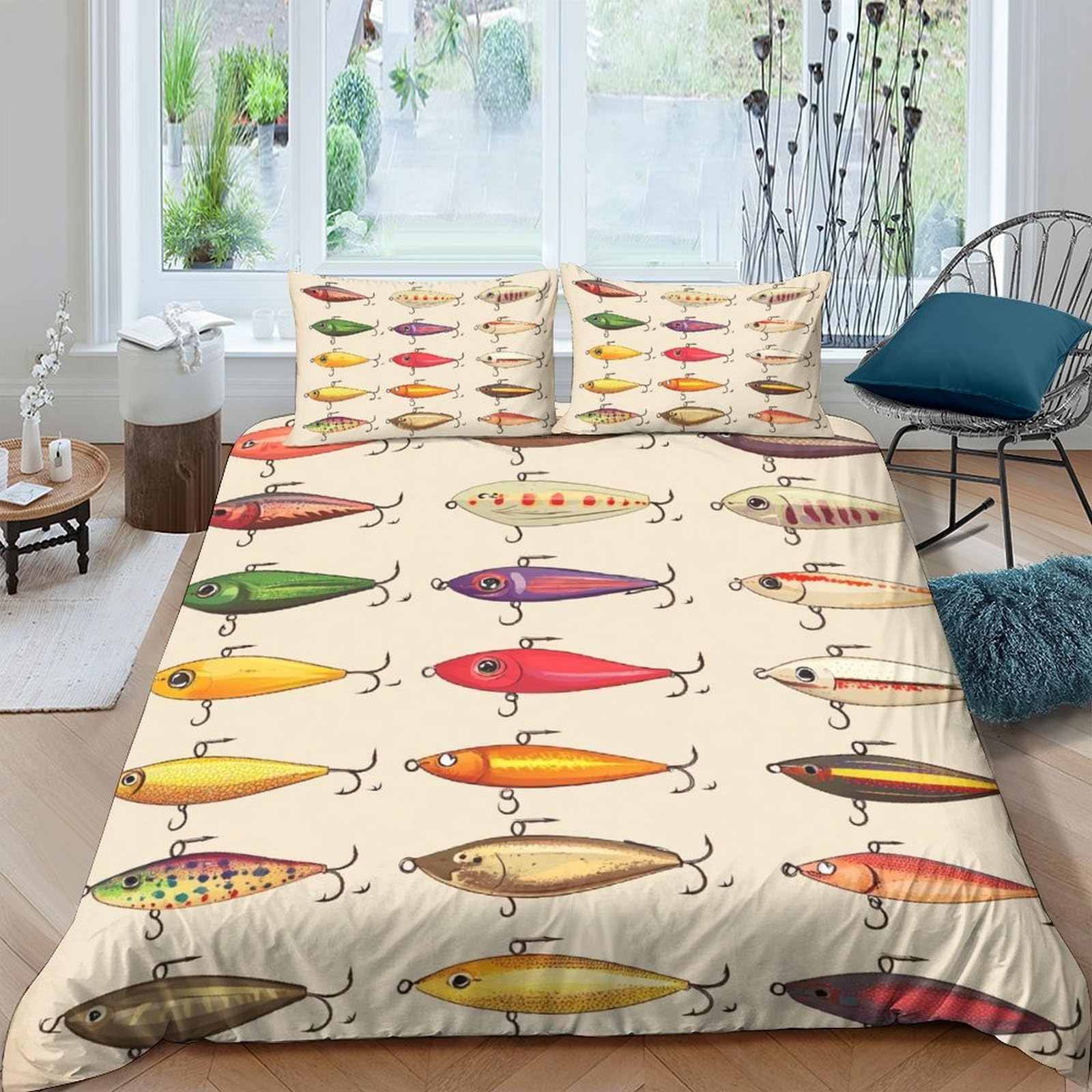 Ctjqhvkz Style-5 3D Printed Colourful Fishing Lure Fitted Sheet Microfiber Soft Breathable Fish Pattern Bed Cover For Bedroom Guest Room Decor Single（135X200cm）