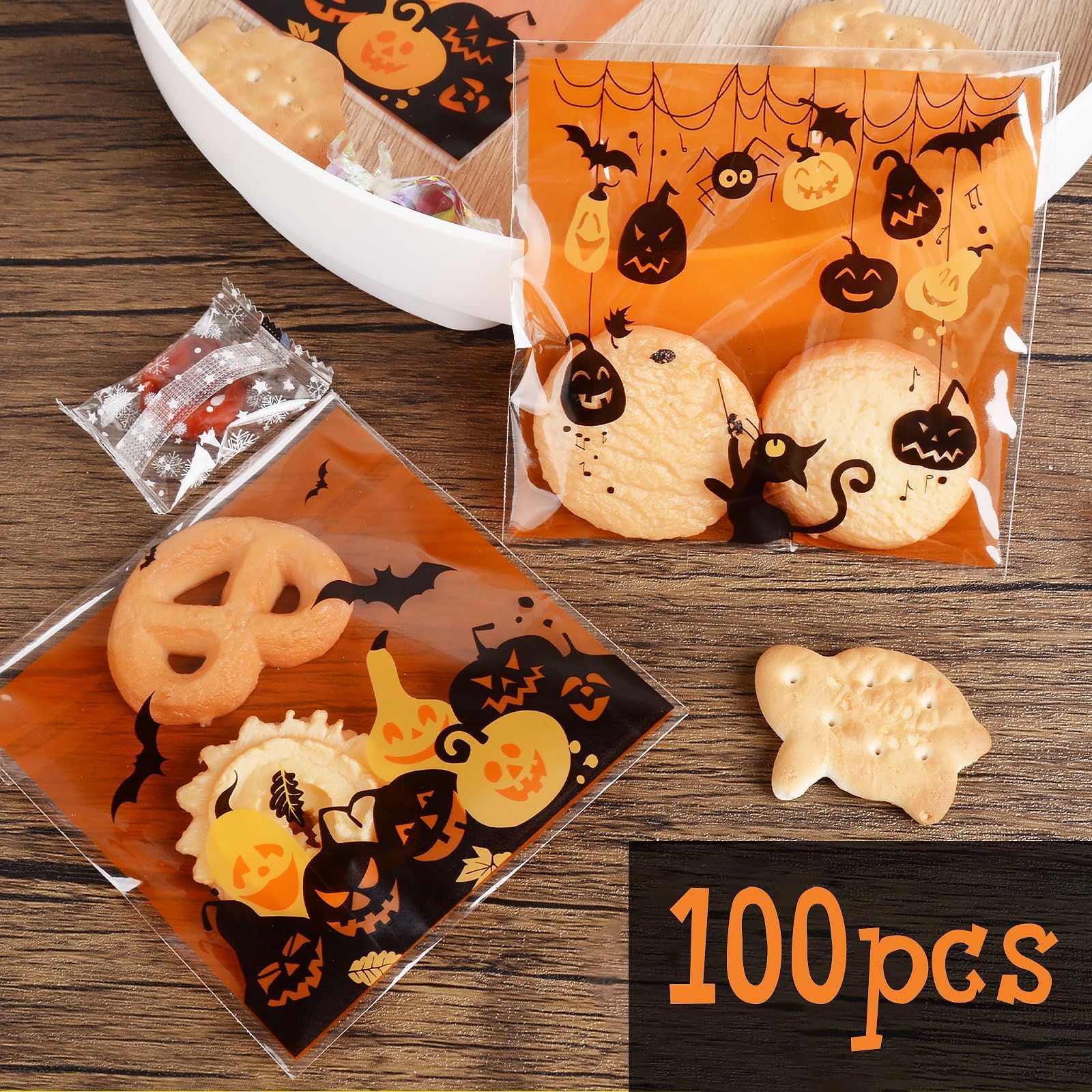 100 Sacchetti Cellophane Per Caramelle Halloween – Autoadesivi, 10x10 Cm, Con Fantasmi E Zucche