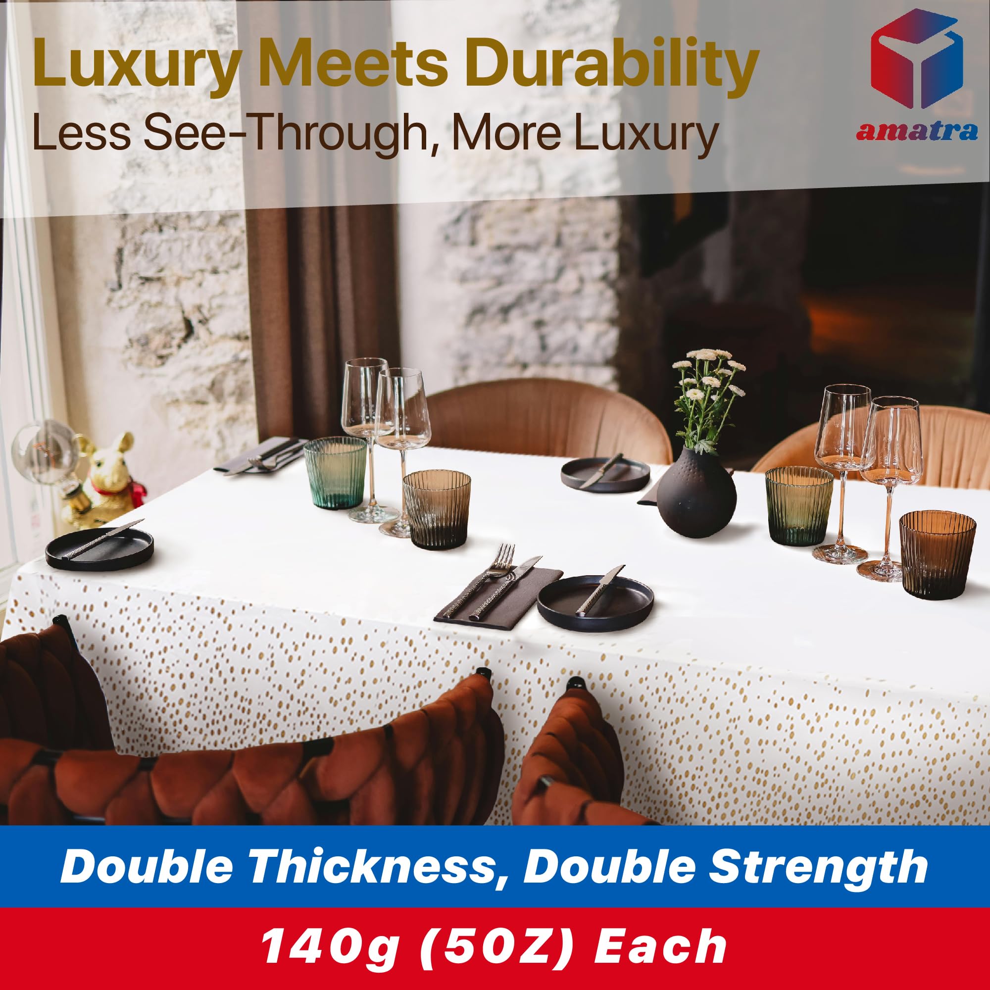Mantel desechable, impermeable, mantel de plástico elegante, mantel rectangular, mantel blanco con margen de puntos dorados, mantel de plástico de 140 g, 137 x 274 cm, paquete de 4
