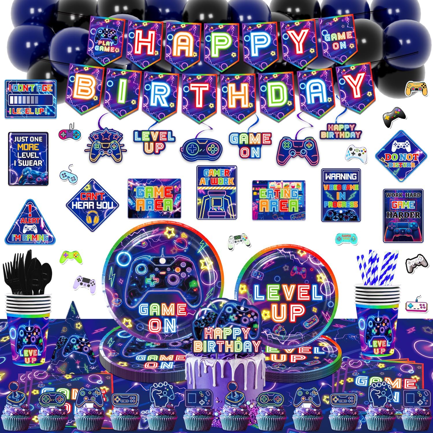 Mpanwen Video Game Party Supplies, 247Pcs Gamer Game Gaming Birthday Party Decorations Decor - Banner, Sticker, Balloons, Cake Toppers, Plates, Tablecloth, Hanging Swirls, Wall Signs Serves 16 Guests