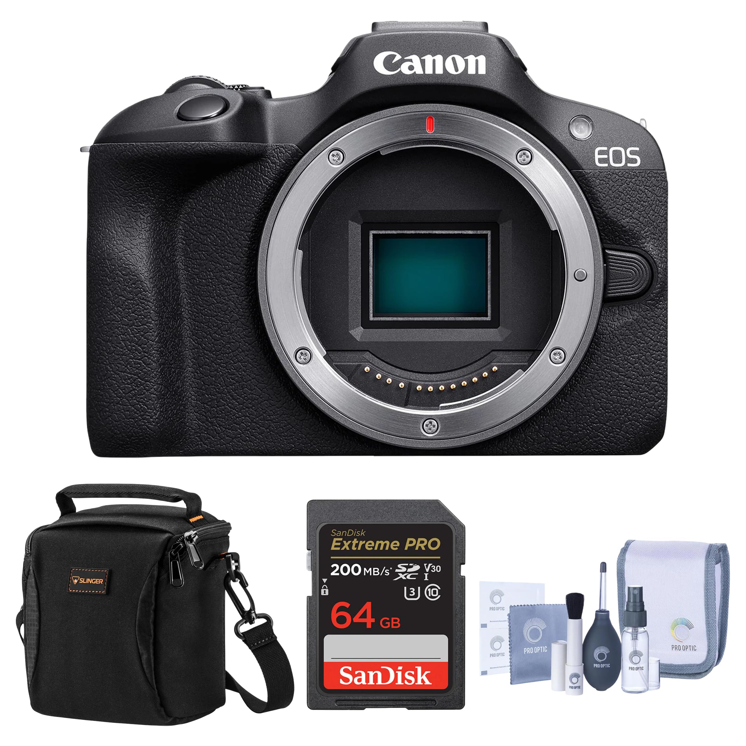 Canon EOS R100 Mirrorless Camera with RF Mount 24.1MP APS-C CMOS DIGIC 8 4K Video Dual Pixel Autofocus Wi-Fi Bluetooth Bundle with 64GB Card Shoulder Bag Cleaning Kit Canon 1-Year Warranty