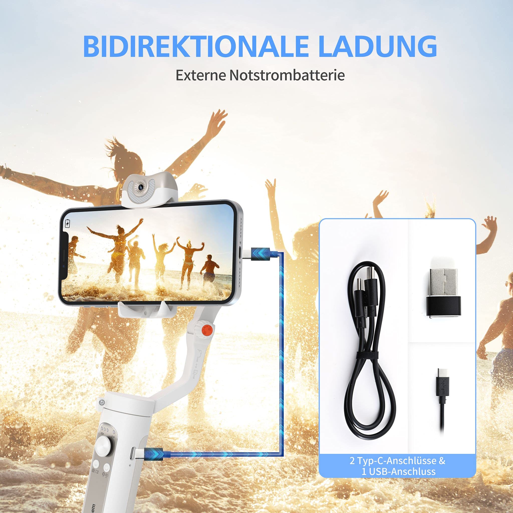 hohem Gimbal per smartphone, iSteady V2 Stabilizzatore per smartphone con gimbal a 3 assi, Gimbal con sensore visivo AI integrato, Power Bank di emergenza, Gimbal per telefono iPhone 15/14/13/12