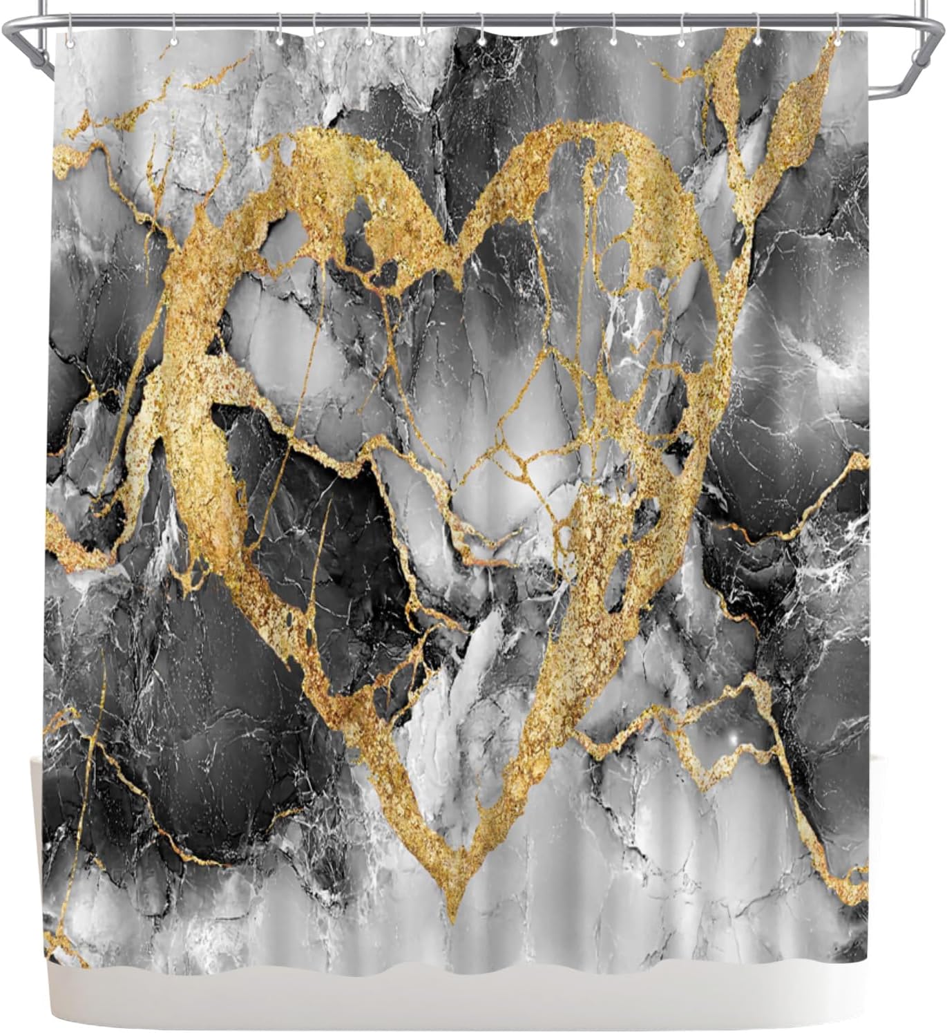 WELMECO Marble Shower Curtain, Modern Abstract Gold Heart Bathroom Decor Polyester Fabric 72x72inch Bathroom Curtain with Hooks (Grey)