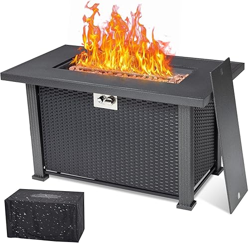 Mesa de fuego de propano de 44 pulgadas, mesa rectangular de 50000BTU con cubierta y cubierta para lluvia, superficie de acero resistente y valla de