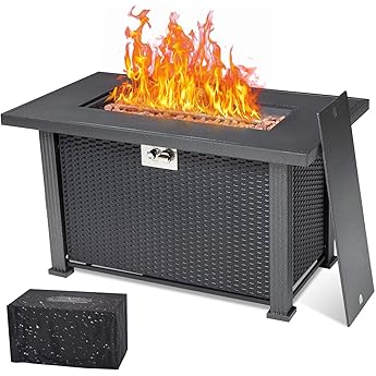 44 Inch Propane Fire Pit Table, 50000BTU Rectangle Fire Table with Cover & Rain Cover, Sturdy Steel and Iron Fence Surface, CSA Safety Certified, Companion for Your Garden