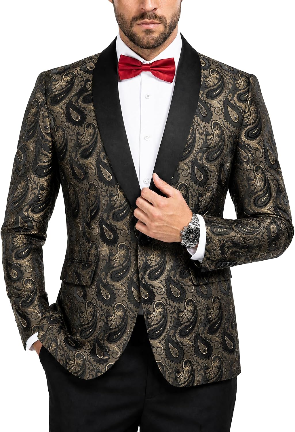 MY'S Men's Paisley Tuxedo Jacket, One Button Dress Suit Blazer, Floral Coat with Bow Tie for Dinner Party Prom Wedding