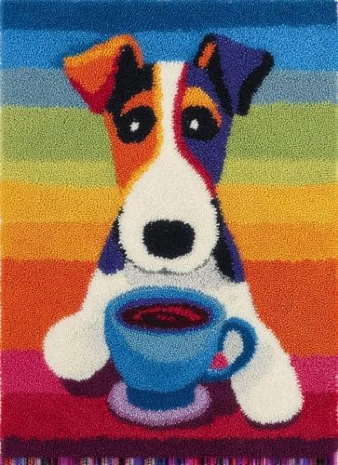 XDEGHUANGSS Latch Hook Rug Kit Fox Terrier Dog Puppy Drink Coffee Cushion Cover DIY Craft Set Pre-Printed Mat 38x52cm for Home Decor-3