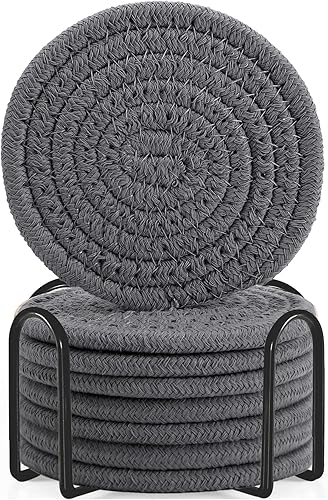 Miniatura 31 de ABenkle Juego de posavasos con soporte de 10 unidades, posavasos absorbentes tejidos de algodón para bebidas, juego de posavasos minimalista