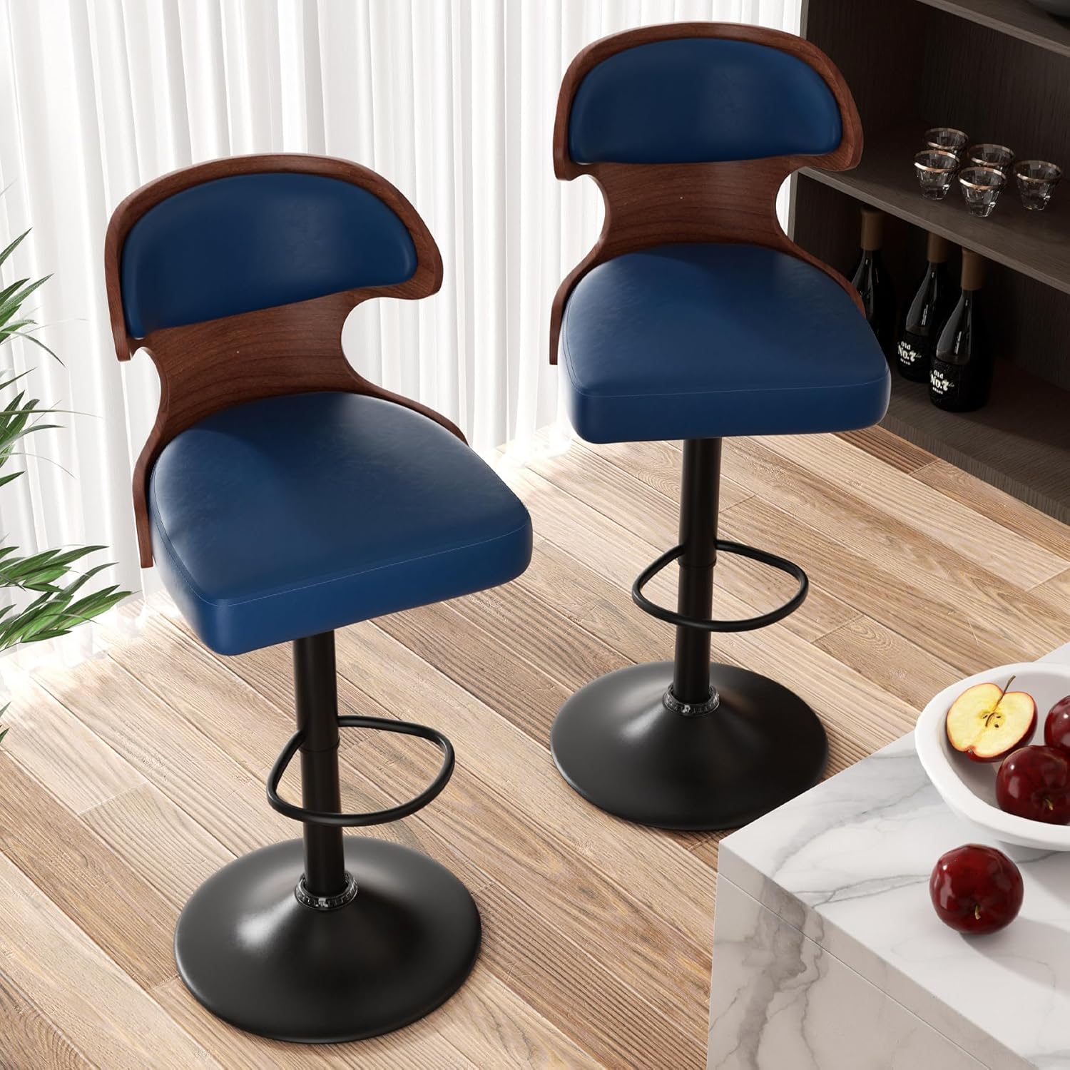 Nalupatio Bar Stools Set of 2, Bentwood Swivel Barstools Seat Adjustable Height 24.5-33.5IN with Back & Footrest - PU Leather Upholstered Bar Chair for Dining Room, Blue