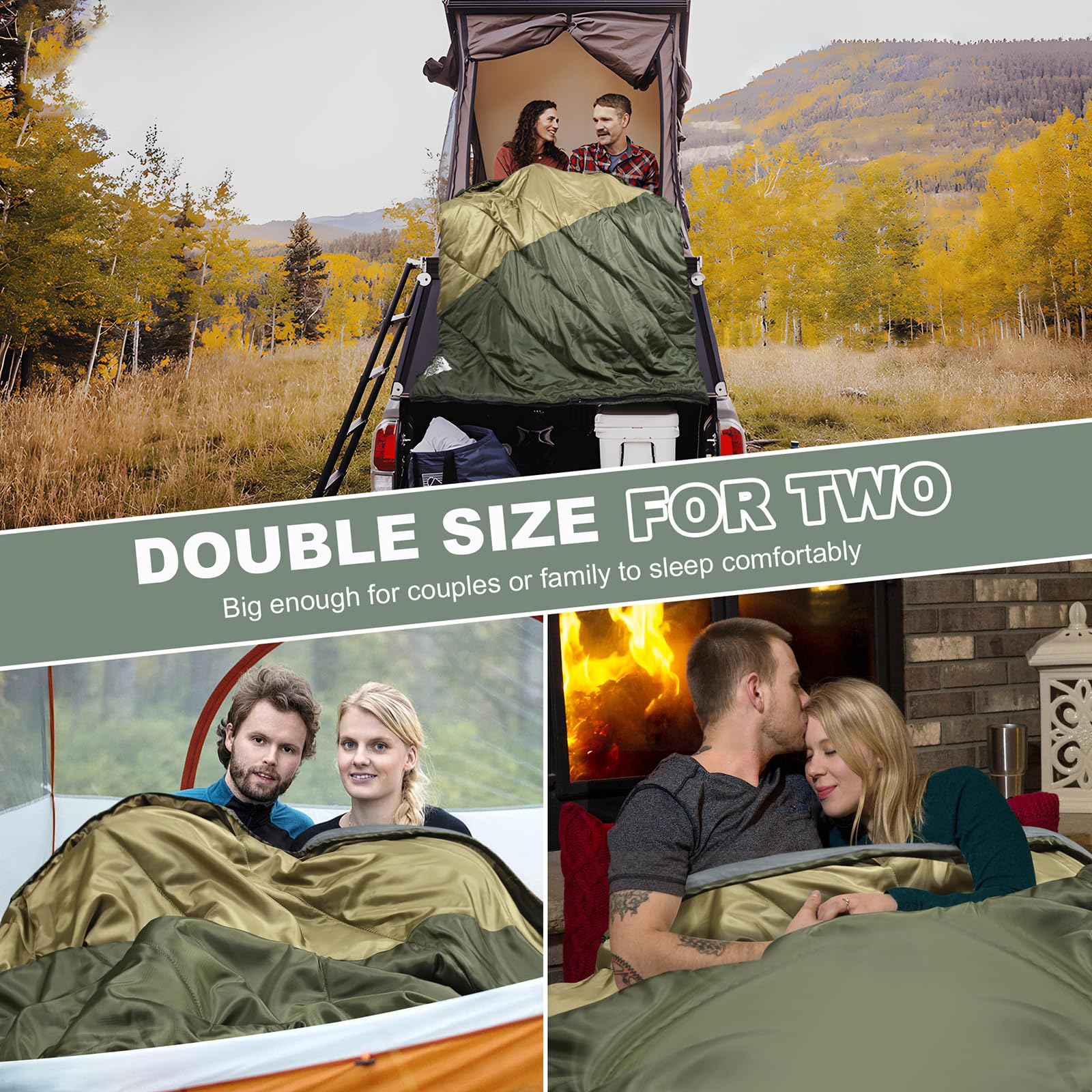 Sac de couchage double, grand lit, pour adultes, couples ou famille, sac de couchage imperméable pour 2 personnes, pour temps chaud et froid, camping, randonnée, randonnée
