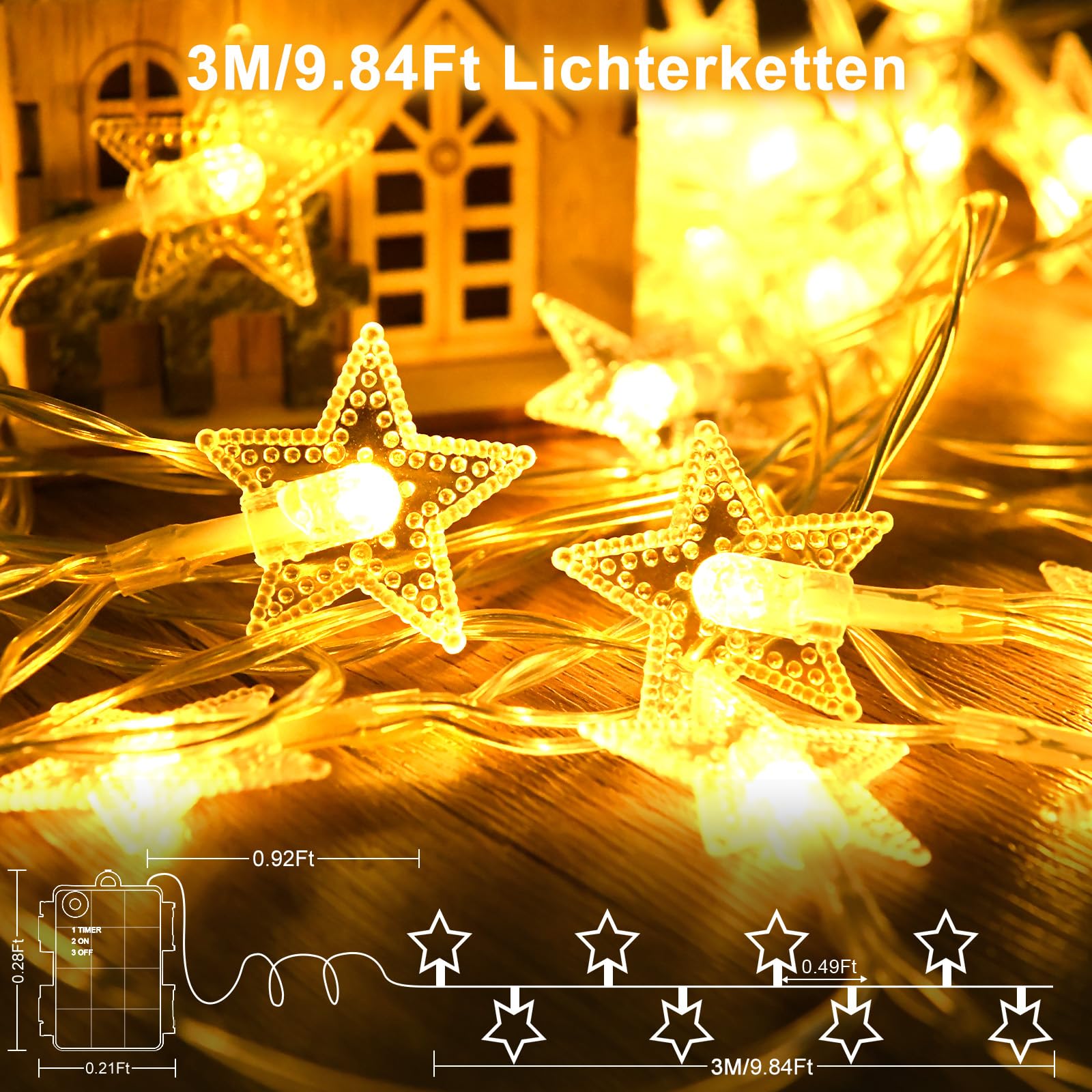 LED Lichterkette Sterne – 3m, 20 Fünfzackige Sterne, Warmweiß, USB/Batterie, IP43 Wetterfest, Für Drinnen & Draußen