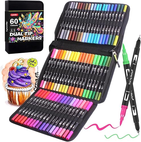 Lyuvie Filzstifte Set, 60 Farben Pinselstifte Aquarell Brush Pen Set, 1-5 mm und 0,4 mm Pinselstifte und Fineliner Marker zum Zeichnen, farbiges Mandala