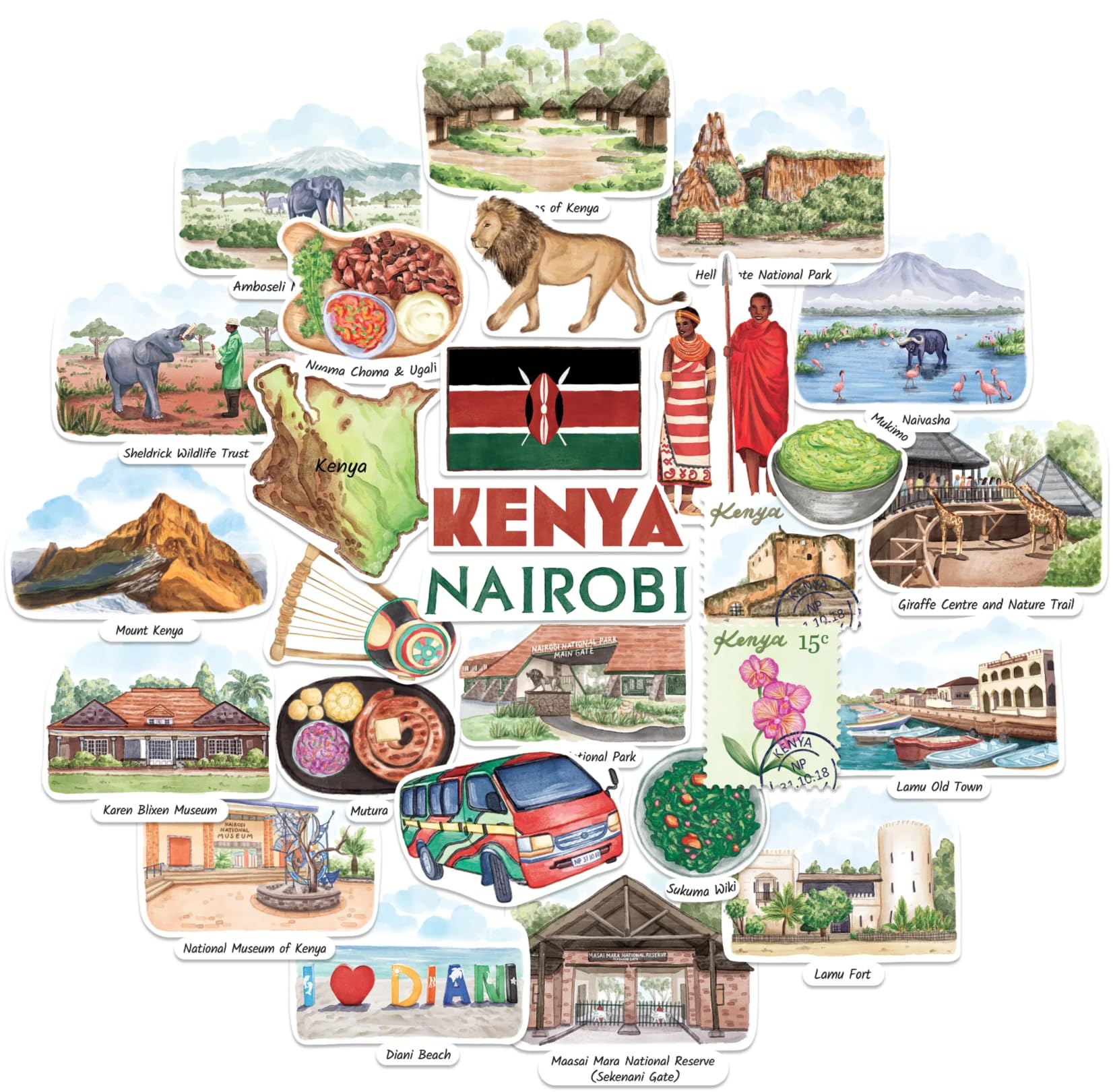 Navy Peony Kindred Kenya Travel Stickers - Hand-Painted Watercolour, Matte, Die Cut - for Journals, Scrapbooks (28-Piece Set)