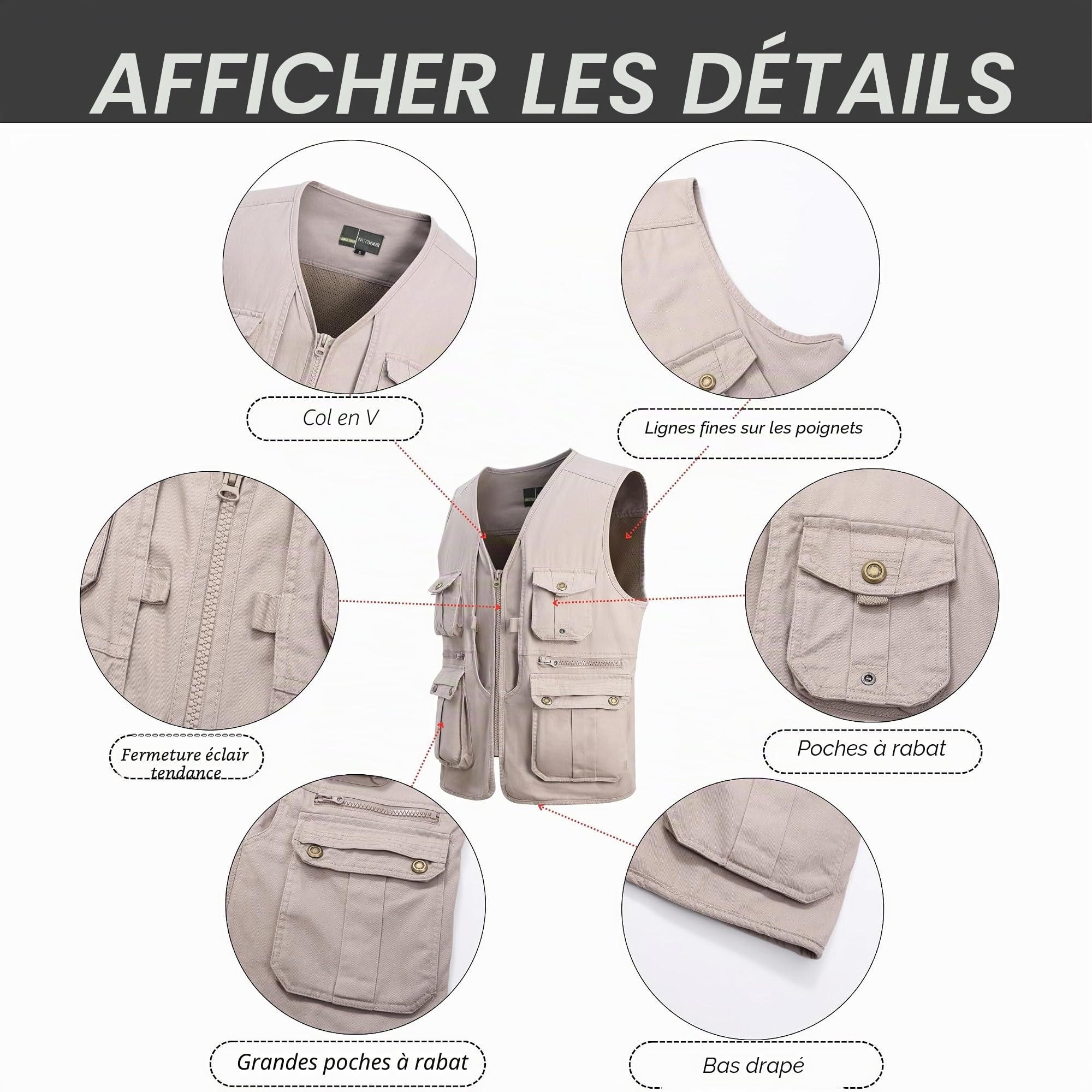 Homme Gilet de Pêche Multi-Poches Gilet de Plein air Sport Respirant Coton Gilets Grande Taille Loisirs Veste Respirant à Séchage Rapide Gilet pour Photographie Camping