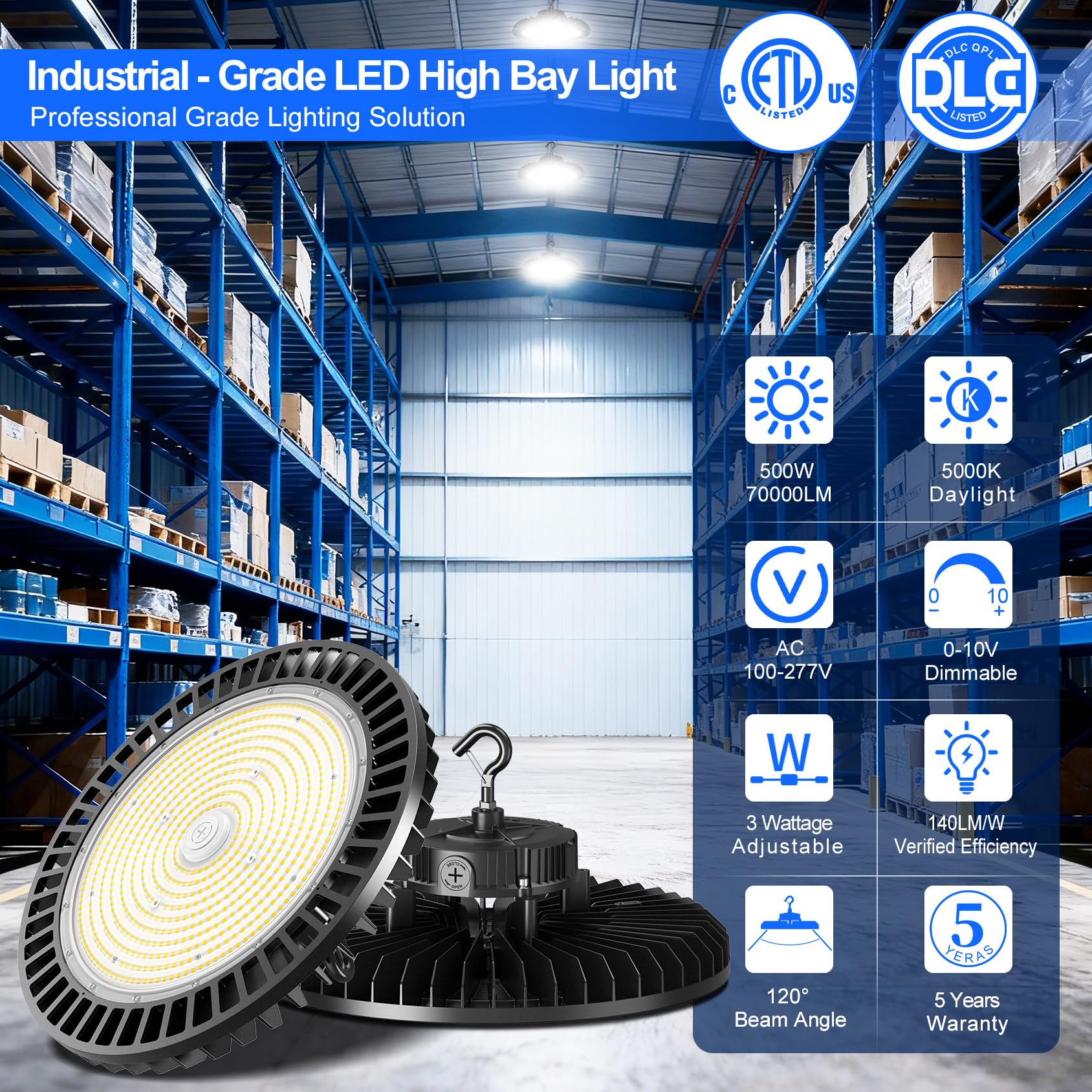 9 Pack 500W LED High Bay Light 70000LM DLC ETL Listed Industrial Grade UFO Light Dimmable IP65 Waterproof — view 2