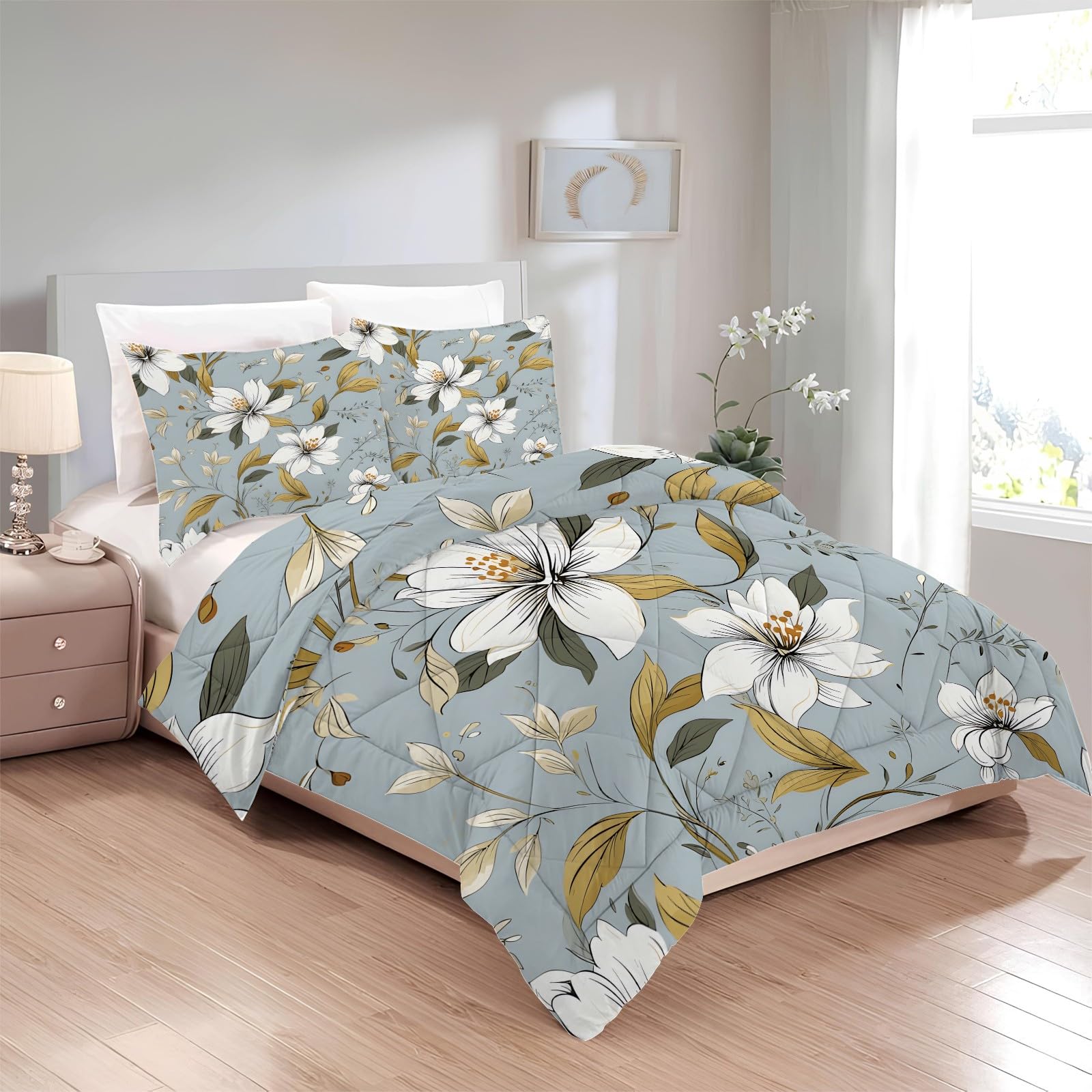 Edredon Cama 150 Flores, Relleno Nordico 220 x 240 4 Estaciones, Edredón Reversible Acuarela, Edredones Nordicos Estampados Floral con 2 Fundas de Almohadas 50x75 cm, Lavable G-515