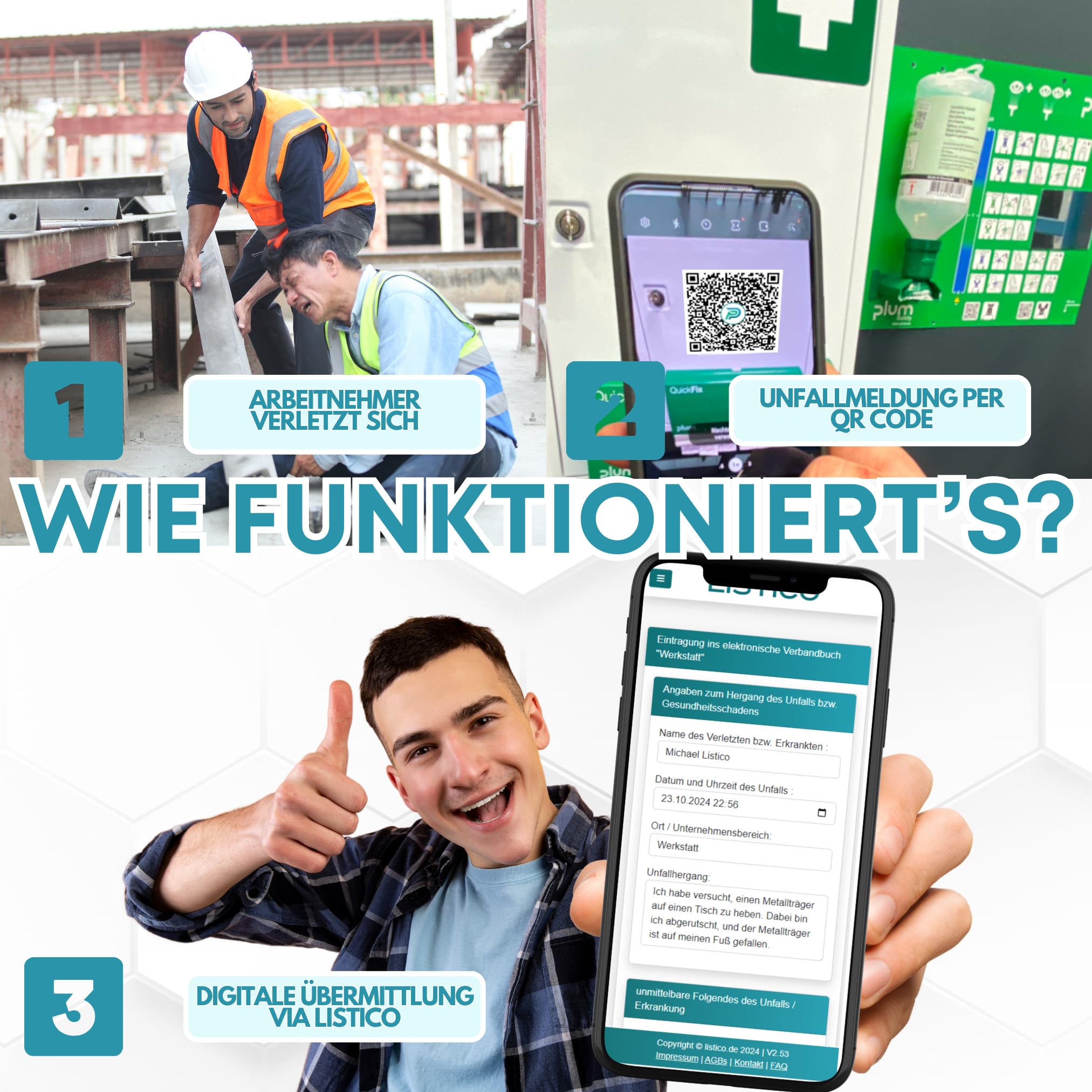 Digitales Verbandbuch für Betriebe als Web-App ✓ keine Installation, sofort loslegen ✓ DSGVO- und DGUV-konform ✓ Erste-Hilfe Dokumentation ohne Papierkram ✓ Überall abrufbar - Verbandsbuch Meldeblock
