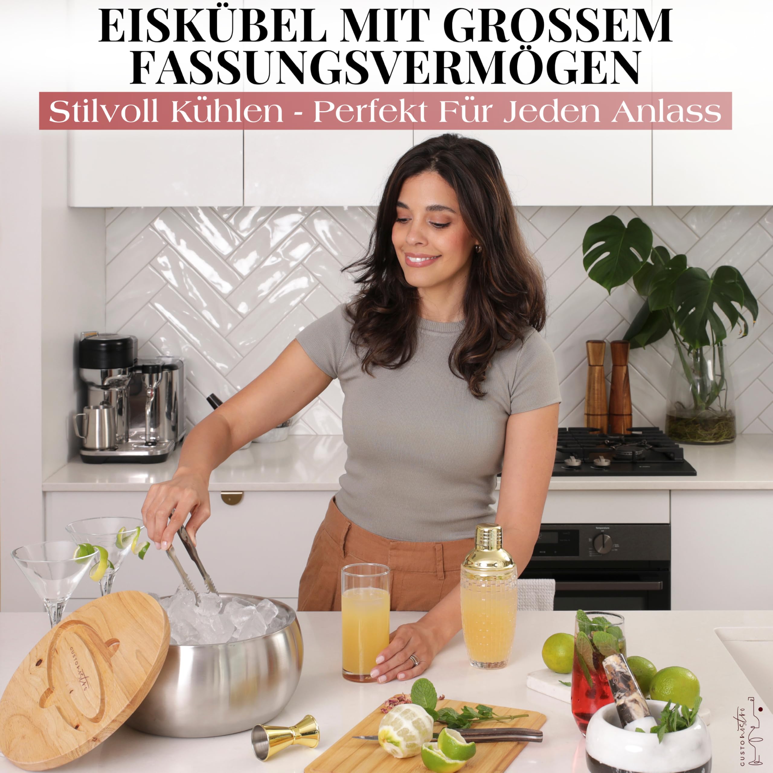 Gusto Nostro 4,1 l Eiswürfelbehälter mit Deckel und Zange, Doppelwandiger Großer Edelstahl Eisbehälter, BPA-freier Eiskübel für Cocktail-Bar, für Champagner, Wein, Bier, Kühlen für Partys