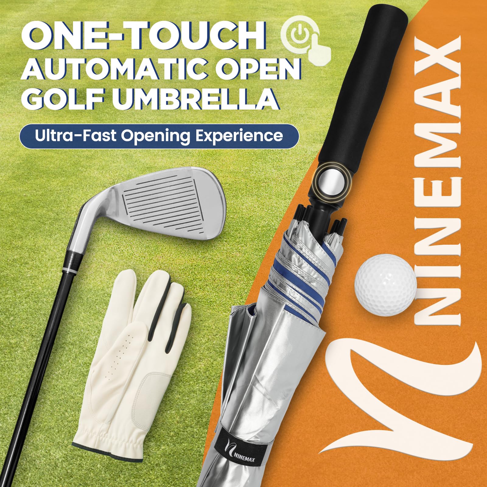 NINEAMX Ombrello Pioggia Grande Da Sole, XL Ombrello Golf Grande Anti UV Spf 50+, UV Protection Umbrella Grandi Da Pioggia Automatico Antivento Robusto per Uomo Donna (Argento/Blu)