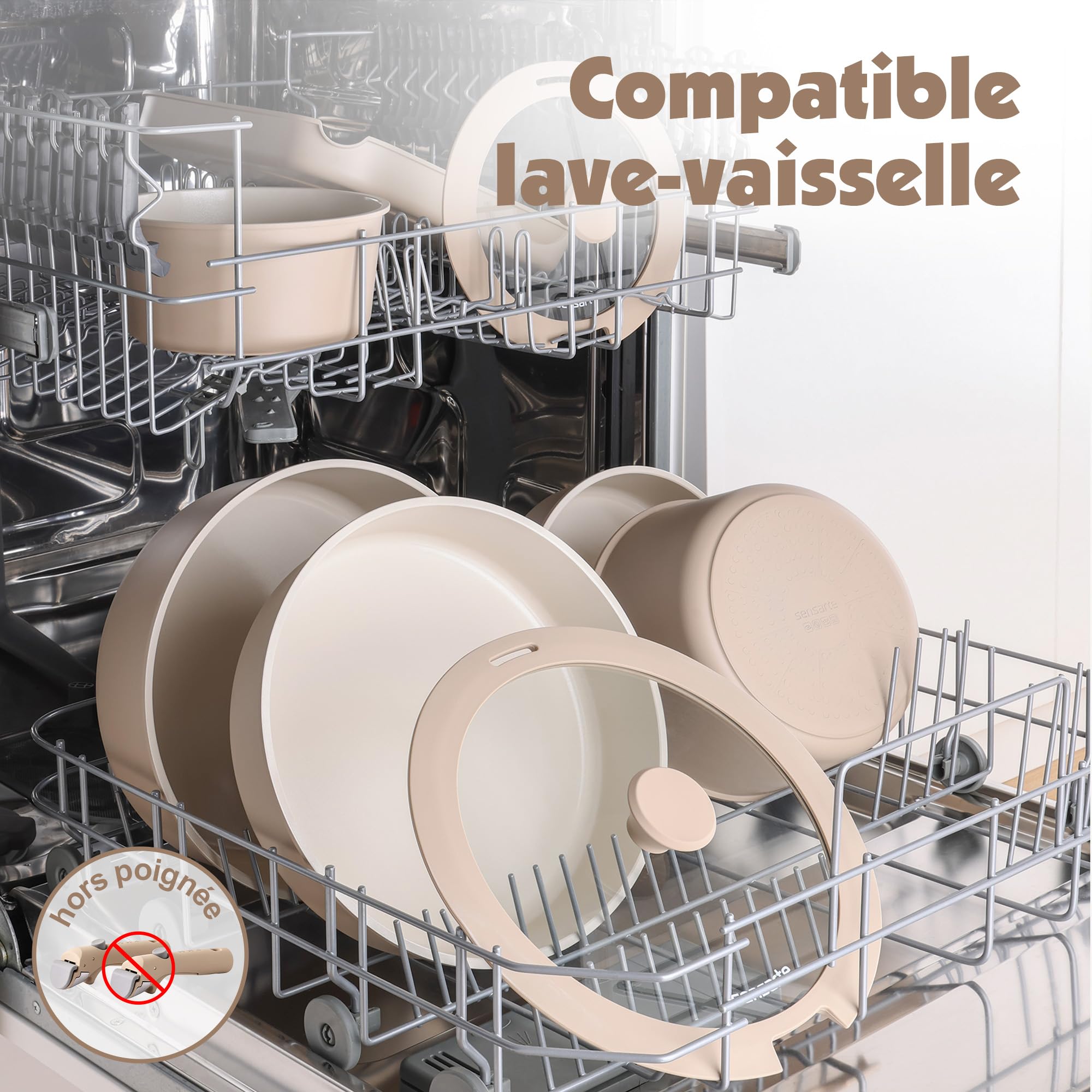 SENSARTE Set de Casseroles et Poêles 17 Pièces - Revêtement Céramique Antiadhésif - Batterie de Cuisine pour Induction/Gaz, Poignées Amovibles, Empilable et Lavable Lave-Vaisselle