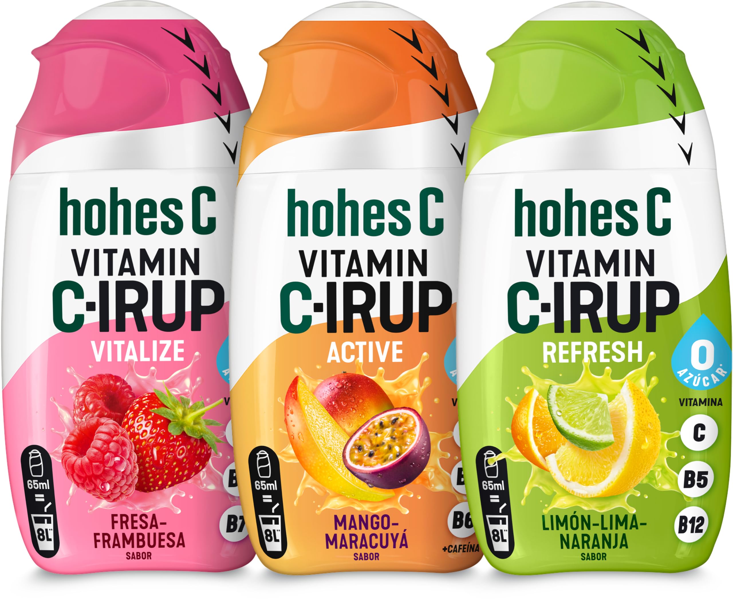 hohes C Vitamin C-IRUP Pack Mixto Active- Vitalize- Refresh, Sirope de Sabor a fruta sin Azúcar y enriquecido con vitaminas- 3 x 65 ml para aprox 24 litros