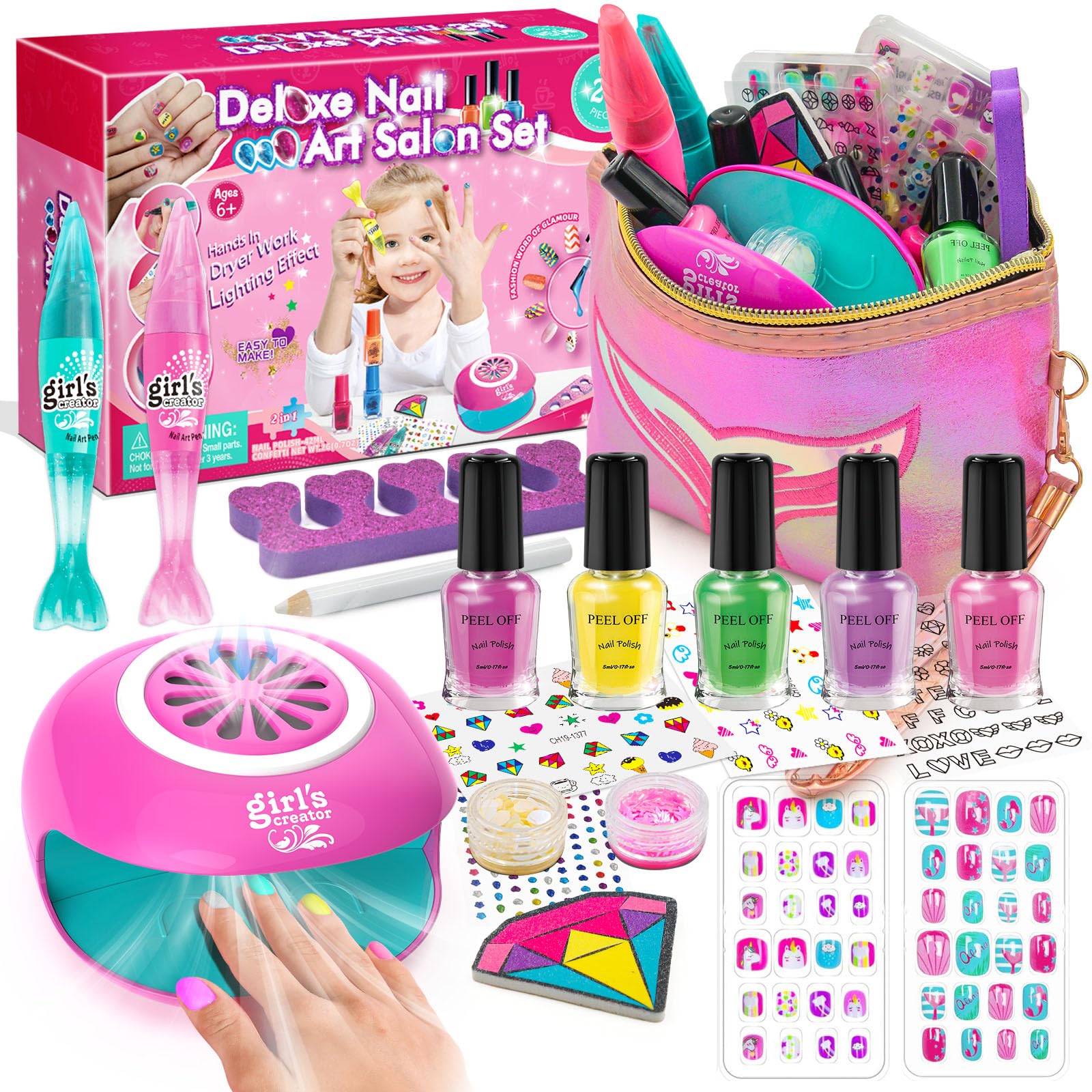 Amagoing Kids Nail Polish Set for Girls, Nail Kit for Girls Ages 7-12 with Nail Dryer, 2 in 1 Nail Pens, Sticky Cartoon Press on Fake Nail, DIY Sticker, Nail Set Play Salon Birthday Christmas Gift