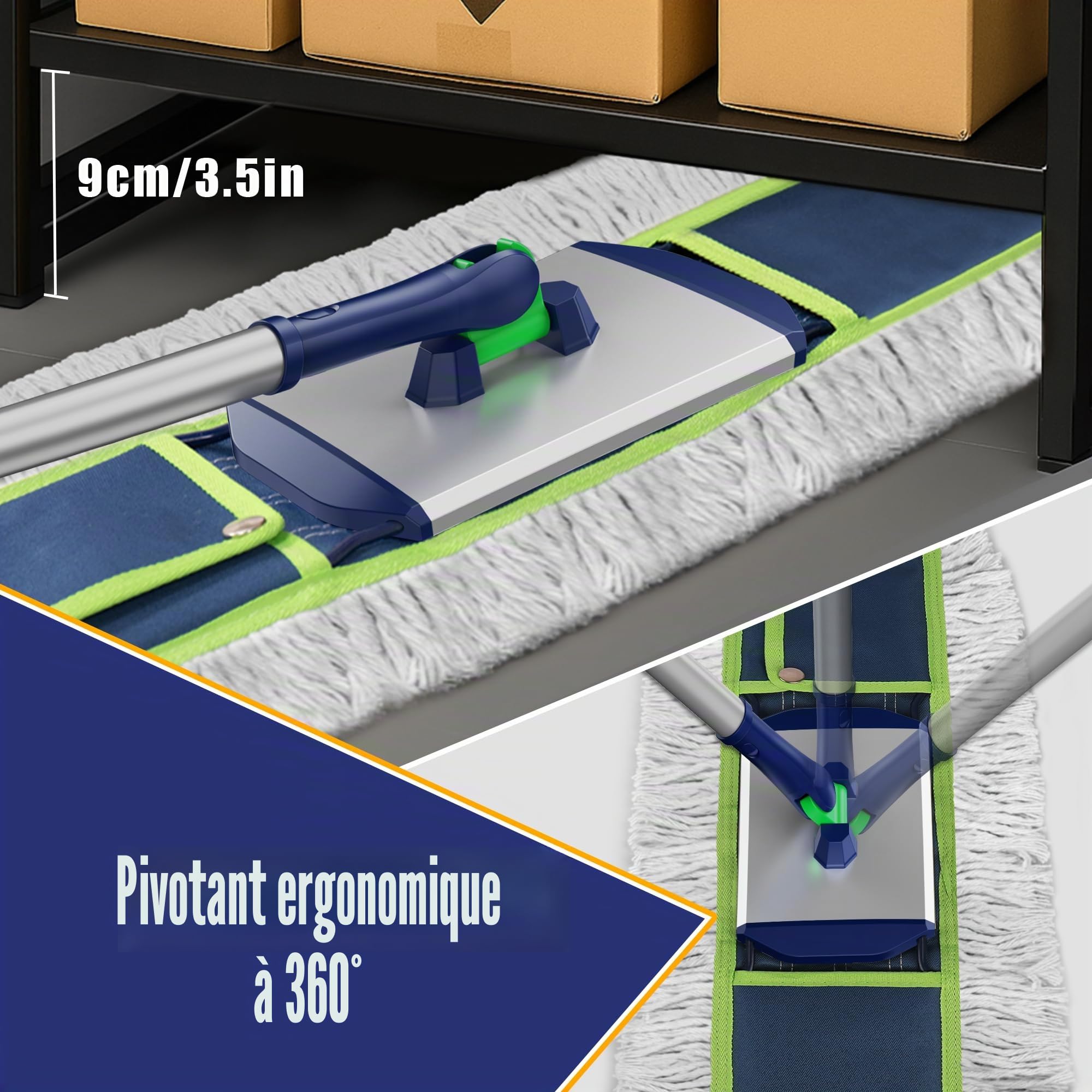 Grand balai plat industriel : 104 cm de large et très résistant pour sols en bois dur – Plumeau pour sols secs avec 2 tampons de 150 cm de long manche pour garage, entrepôt, nettoyage d'usine
