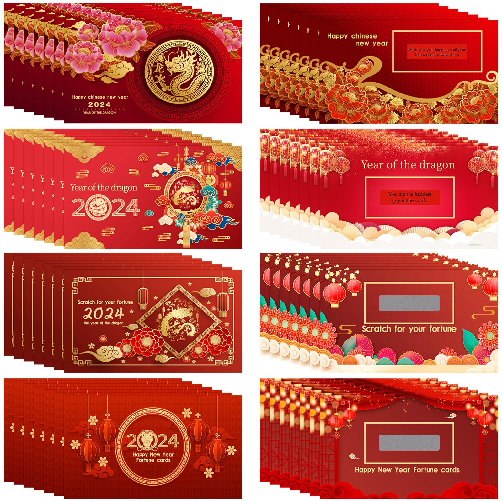 96 Pcs Chinese New Year Scratch off Fortune Cards 2024 Year of the Dragon Party Scratch off Fortune Cards Lunar New Year Lucky Fortune Card Chinese Spring Festival Party Decorations