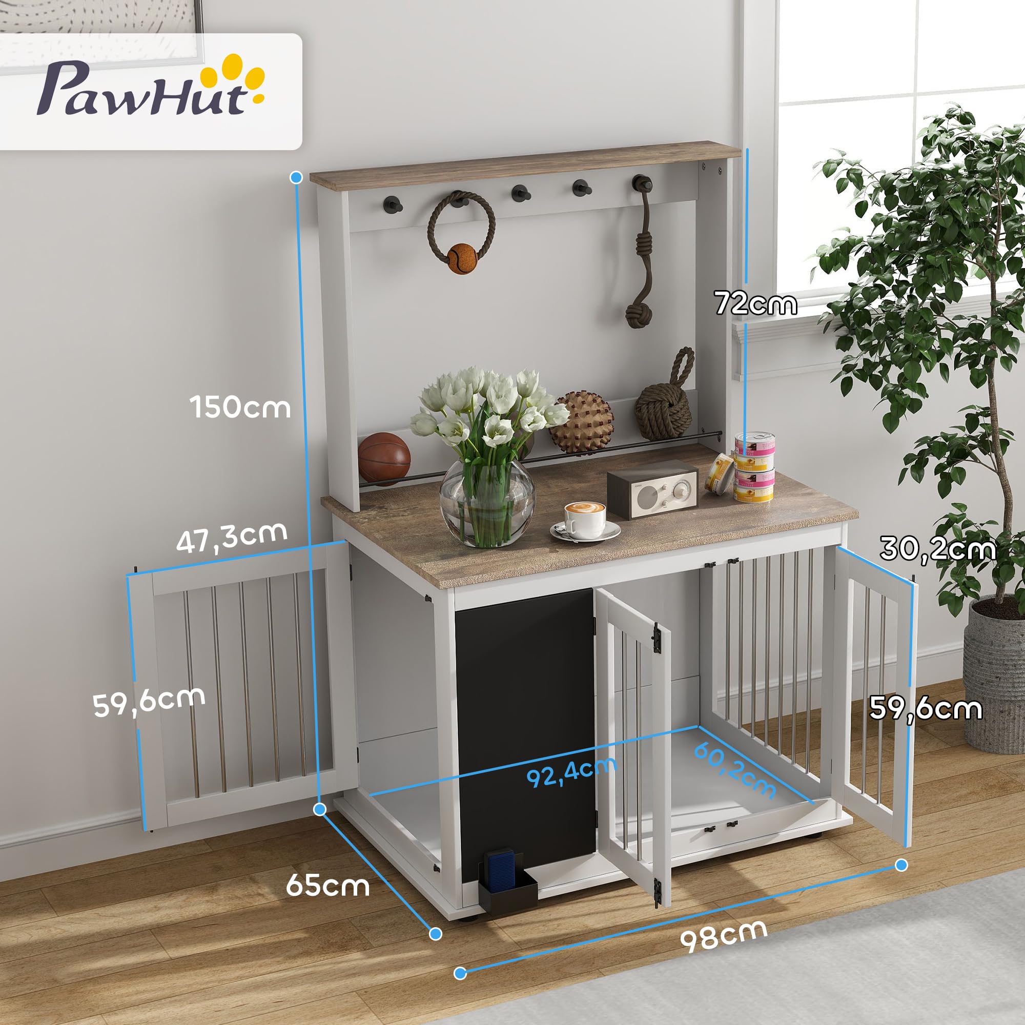 PawHut Hundekäfig für Zuhause mit 3 Türen, Haken für große Hunde Weiß | Hundebox, Hundehaus mit Radiergummi, Schreibtafel, Aufbewahrungsregal für Spielzeug
