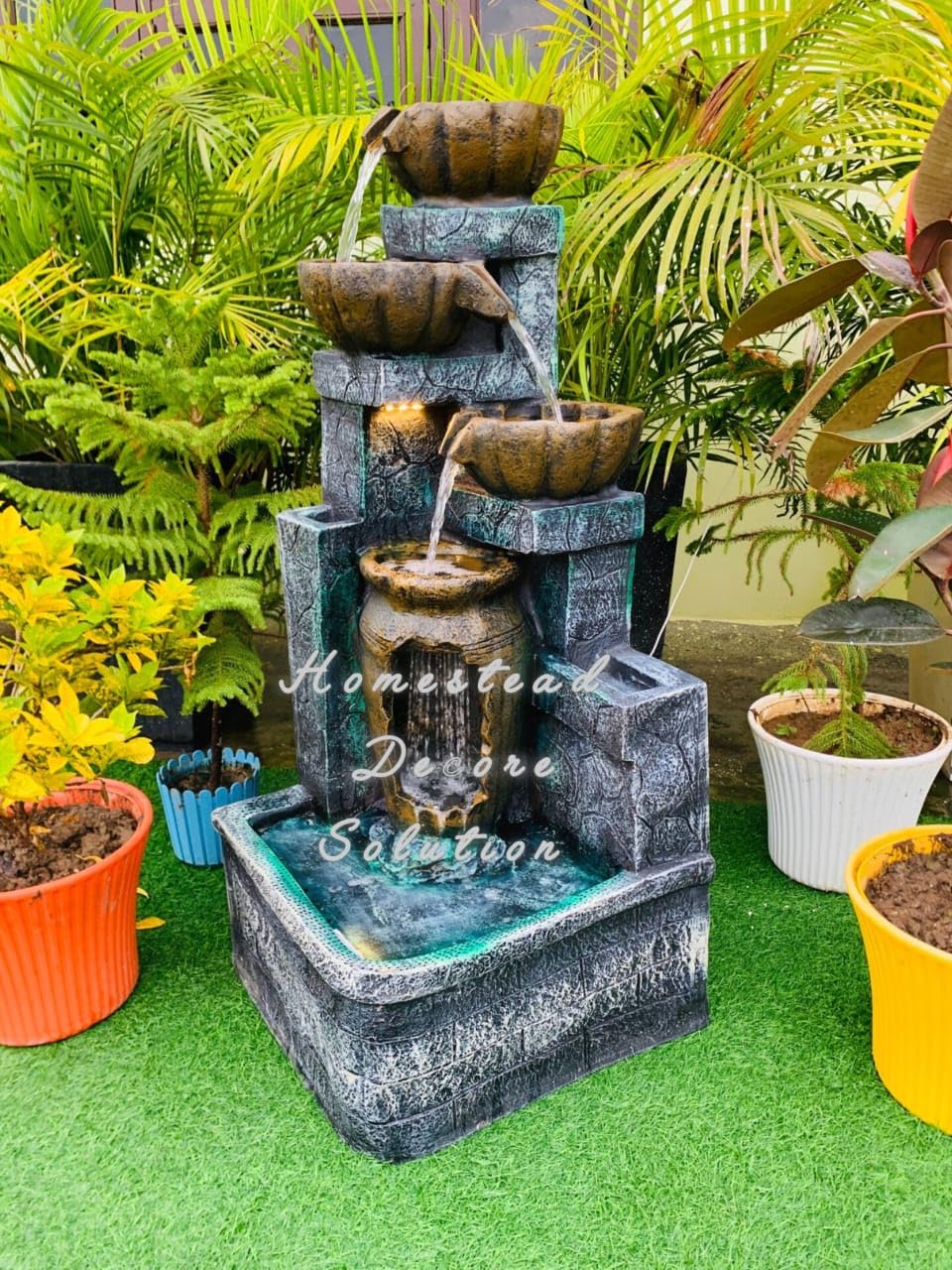 Homestead Decore Solution 4-Tier Cascading Water Fountain 3.5 feet with LED Light, Stone-Look Finish, Indoor Outdoor Decorative Home Decor Living Room Garden Office Fiber Multicolour-image-20