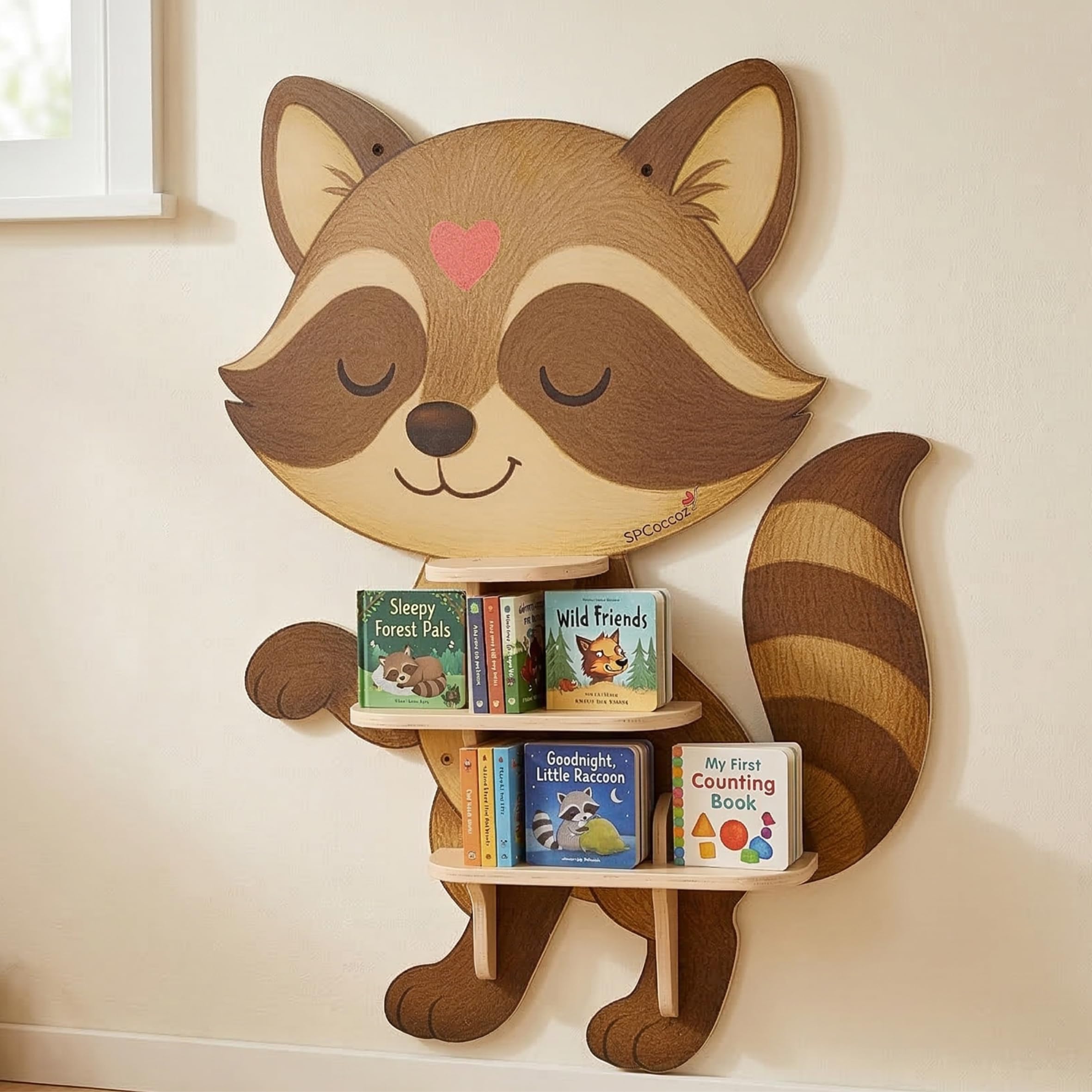31" Raccoon Decorative Animal Wall Art &amp; Floating Shelf - Lightweight Safety Design - Wooden Wall Bookshelf for Kids Rooms, Floating Nursery Book Shelves Wall