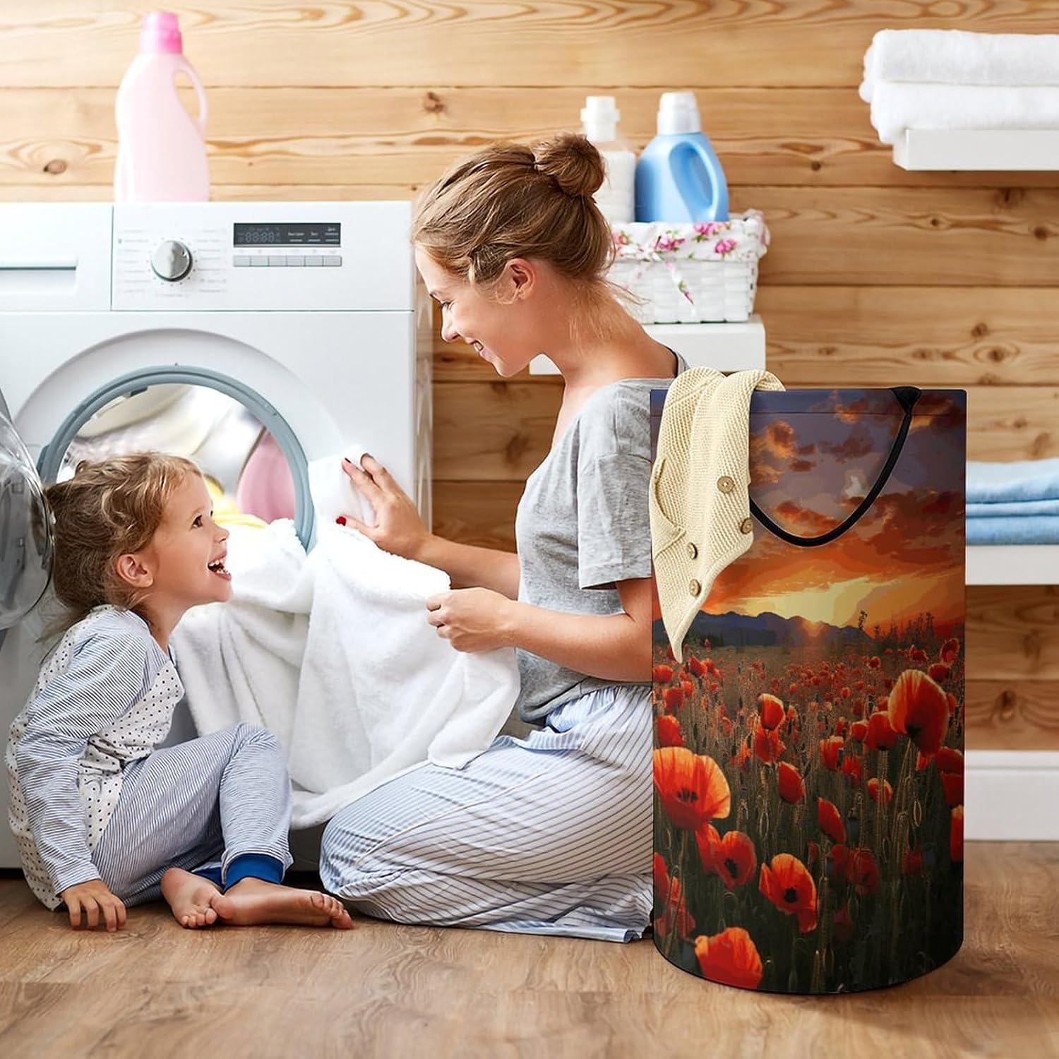 Large Laundry Hamper with Handles Red Flower Field Laundry Basket Freestanding Waterproof Clothes Hamper for Living Room Bedroom Bathroom College Dorm