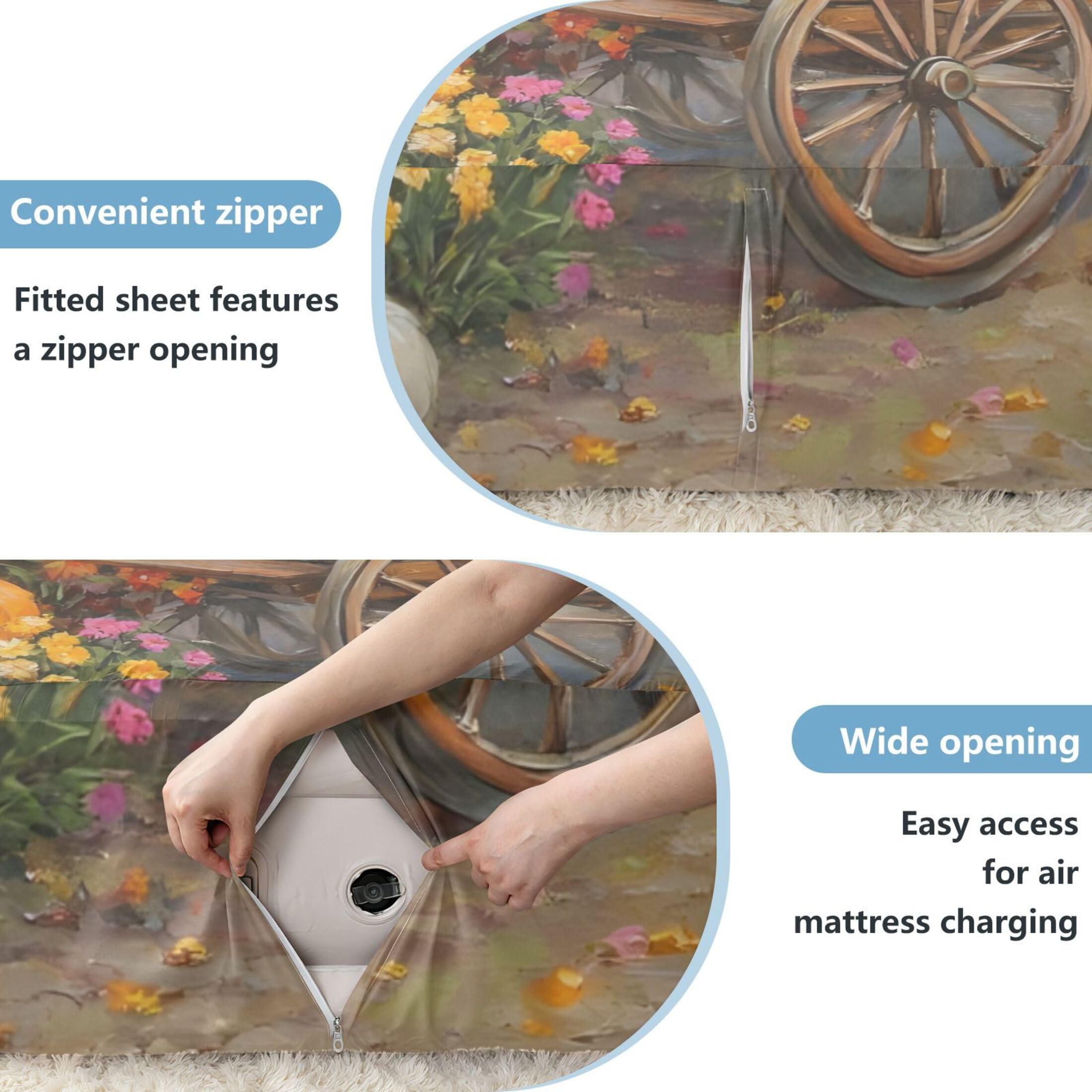 Sábana bajera ajustable de flores y calabazas para colchón de aire, bolsillo extra profundo de 24 pulgadas, funda suave y transpirable con apertura de válvula de cremallera para cama de aire