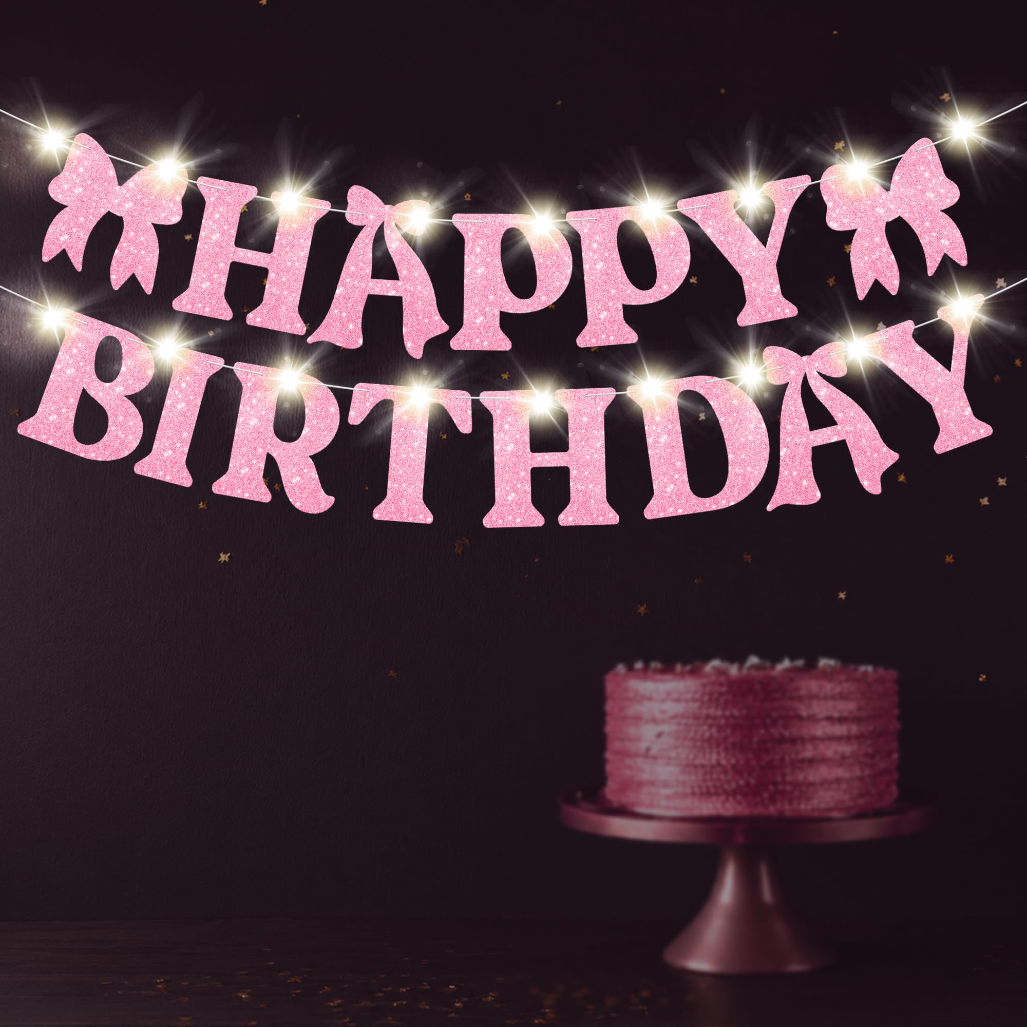 KatchOn Lights Bow Happy Birthday Banner Pink Birthday Decorations - 10 Ft
