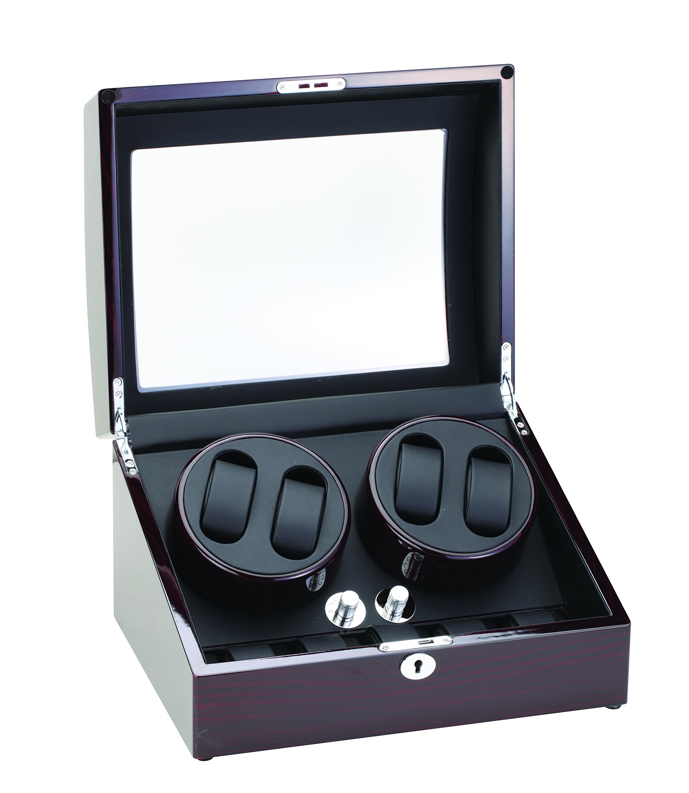 Diplomat Ebony Wood Quad Watch Winder with Black Leather Interior and 4 Program Settings