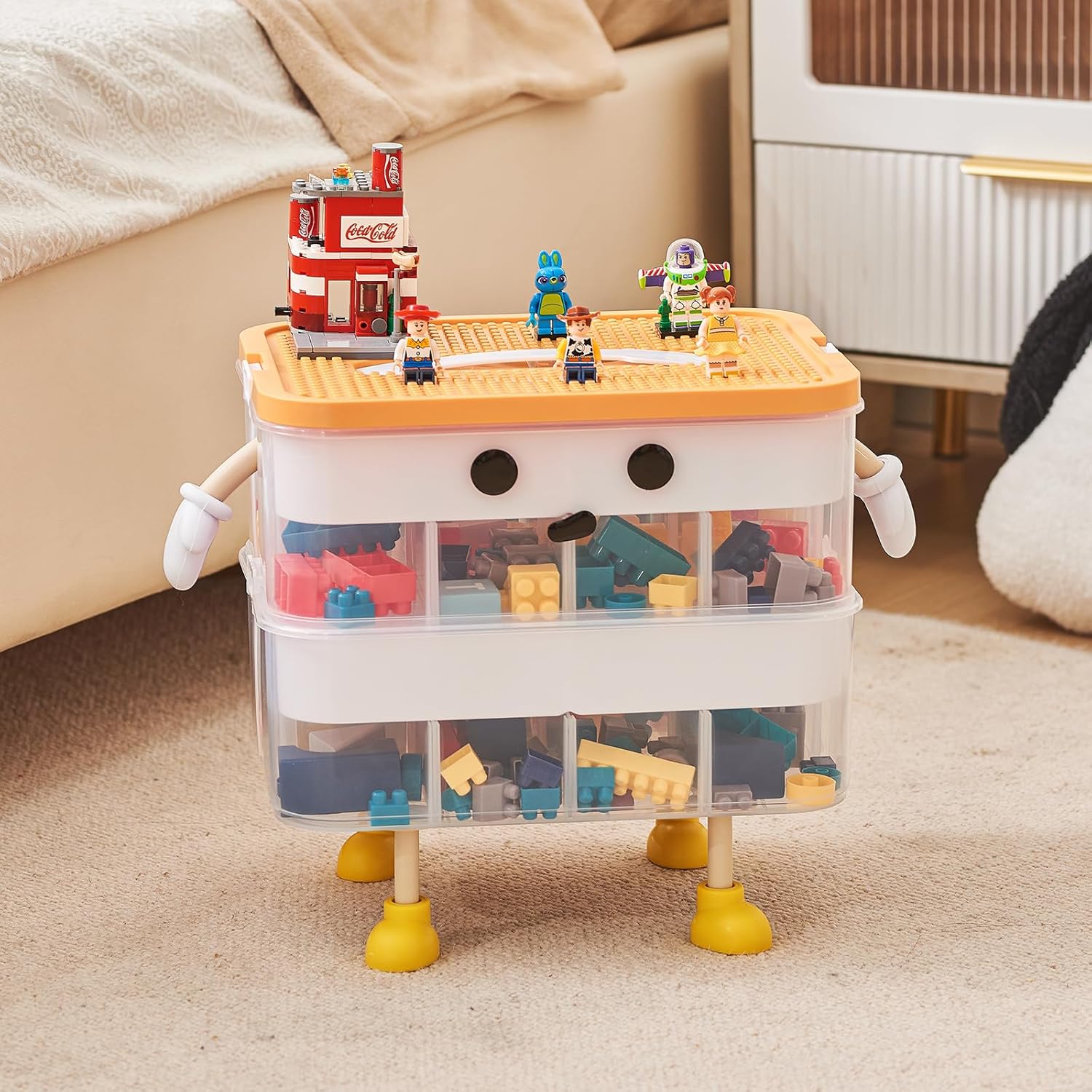 Organizers Storage Box for lego: Plastic Stackable Storage Case with Building Blocks Lids, Containers with Carrying Handle and Adjustable Grid Organizers, 2 Layer Green 2Layer Orange with Feet