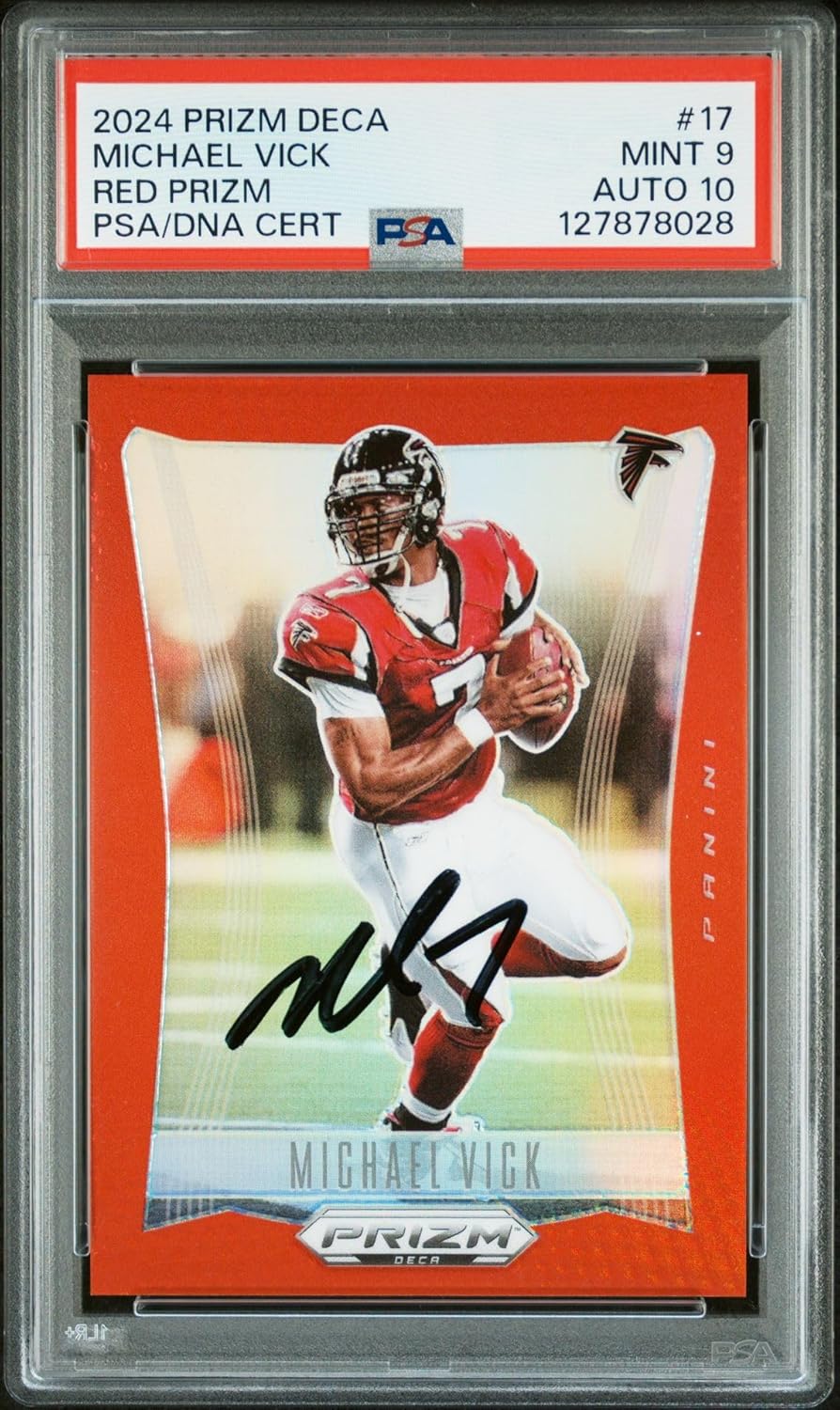 Michael Vick 2024 Prizm Deca Red Prizm Signed Football Card #17 Graded PSA 9 Auto 10 125/199 Cert #127878028