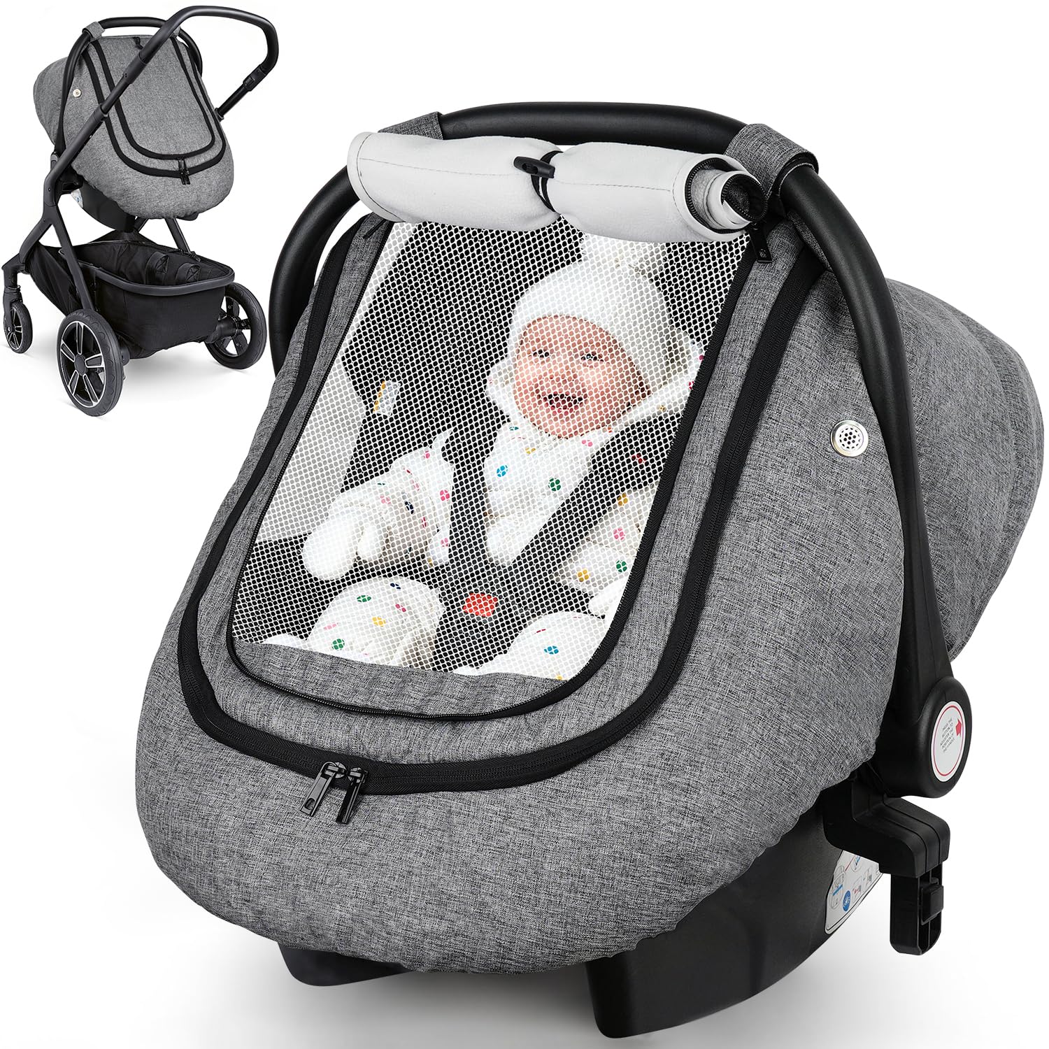 Rquite Car Seat Cover Baby, Carseat Covers Boy Girl, 2 Layers Window -Breathable Mesh & Wind/Sun Shade, Infant Car Seat Canopy Baby Carrier/Stroller
