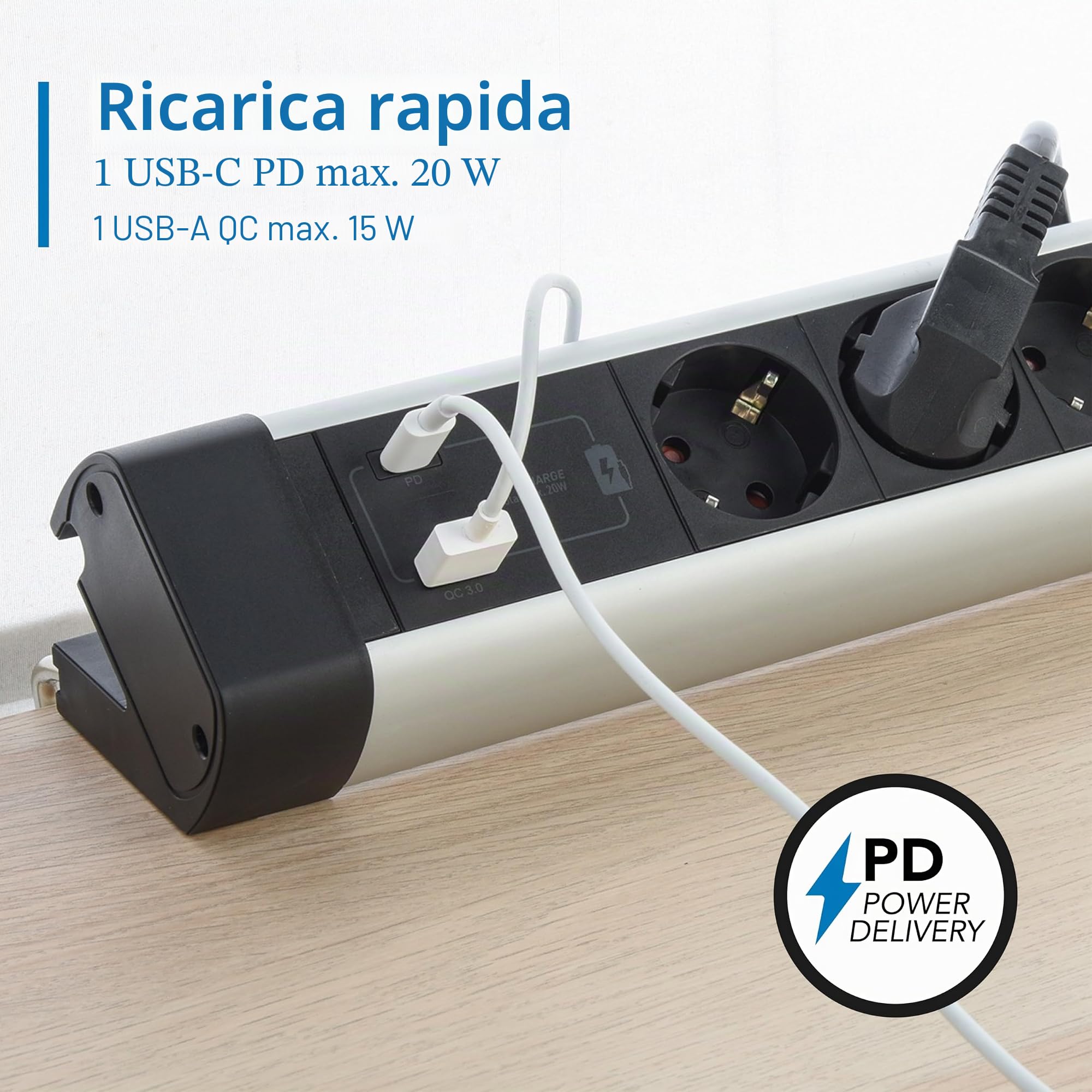 Electraline 62581 Ciabatta elettrica in alluminio per scrivania 3 prese + 3 USB (2 USB A 3.0A QC + 1 USB C PD20W), cavo da 2 m, protezione da sovratensione, multipresa/presa da tavolo