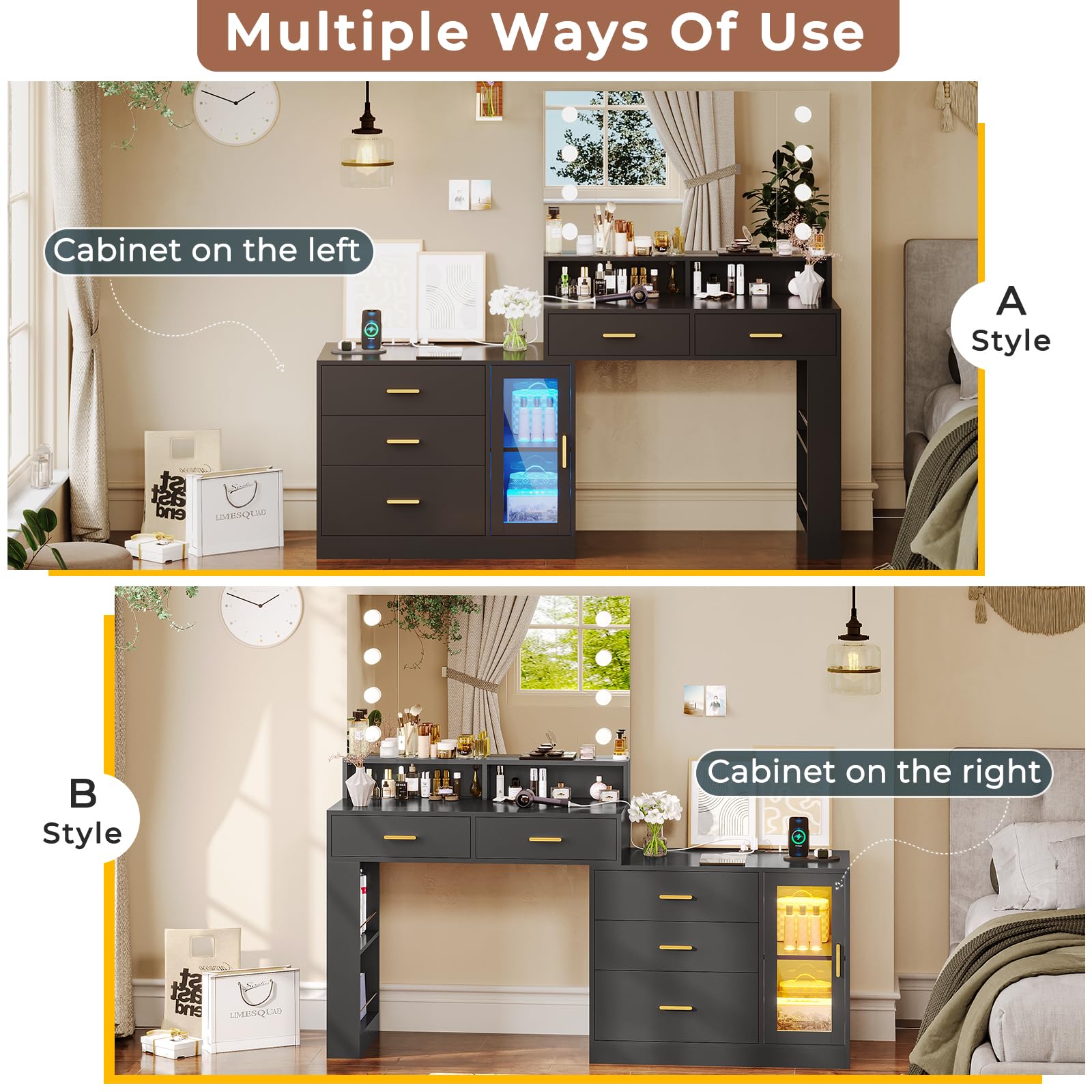 VIAGDO Vanity Desk with Large Lighted Mirror & Power Outlet, Makeup Vanity with 3-Color Lights, Black Makeup Table Desk Dressing Table with Drawers & Cabinet, Side Leg Storage Shelves