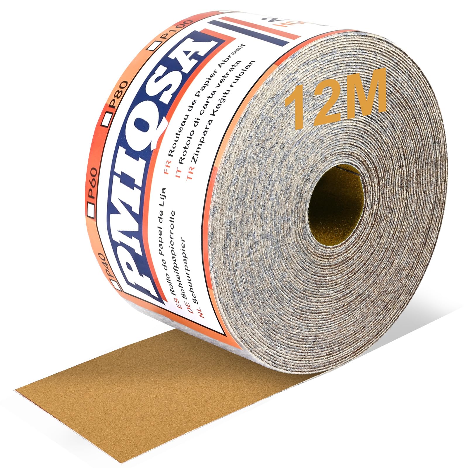 PMIQSA Sandpaper Roll 320 Grit, 70mm x 12m Aluminium Oxide Abrasive Sanding Paper, Hook & Loop Sandpaper for Automotive, Woodworking Color Sanding, Finishing Metal