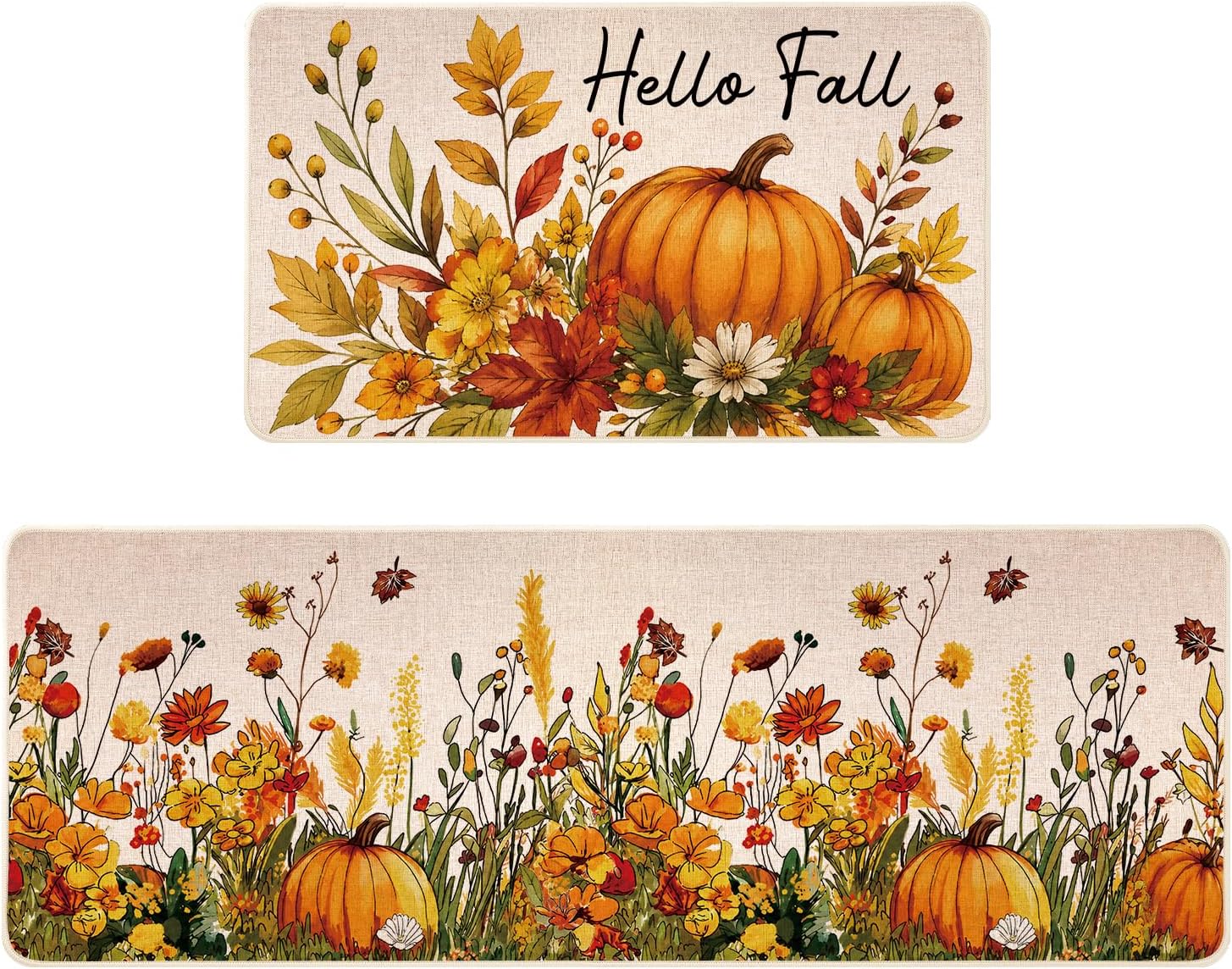 Fall Kitchen Mats Set of 2 - 17x29+17x47" Autumn Thanksgiving Kitchen Decor | Watercolor Orange Pumpkin Leaves Wildflower Hello Seasonal Vintage Low-Profile Non-Slip Kitchen Rugs for Floor Home Decor