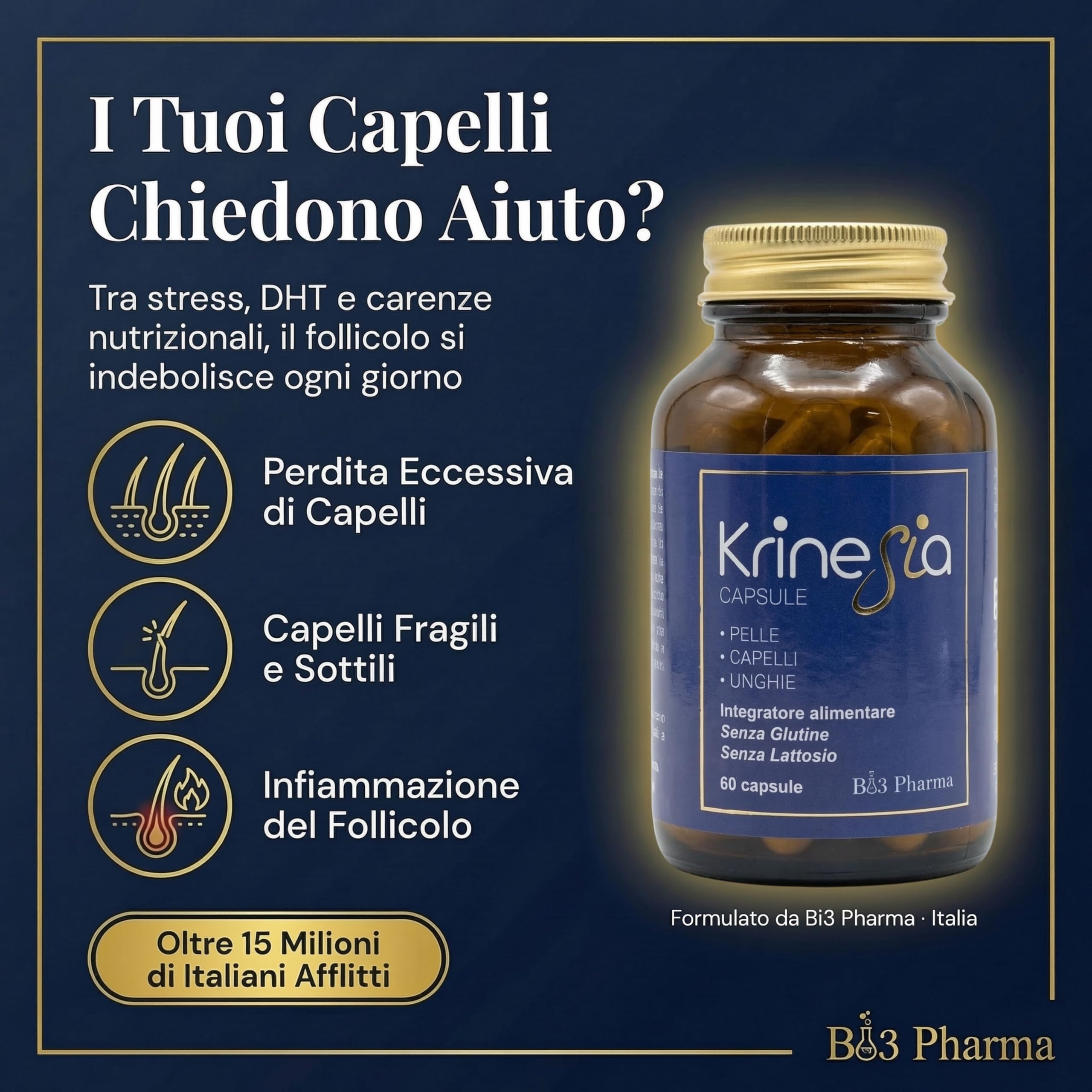 Krinesia Integratore Per Capelli Pelle Unghie 60 Capsule | Biotina Zinco Selenio con Serenoa Repens, Reishi, Miglio ed Equiseto | Supporto Capelli Fragili e Caduta da Stress | Made in Italy