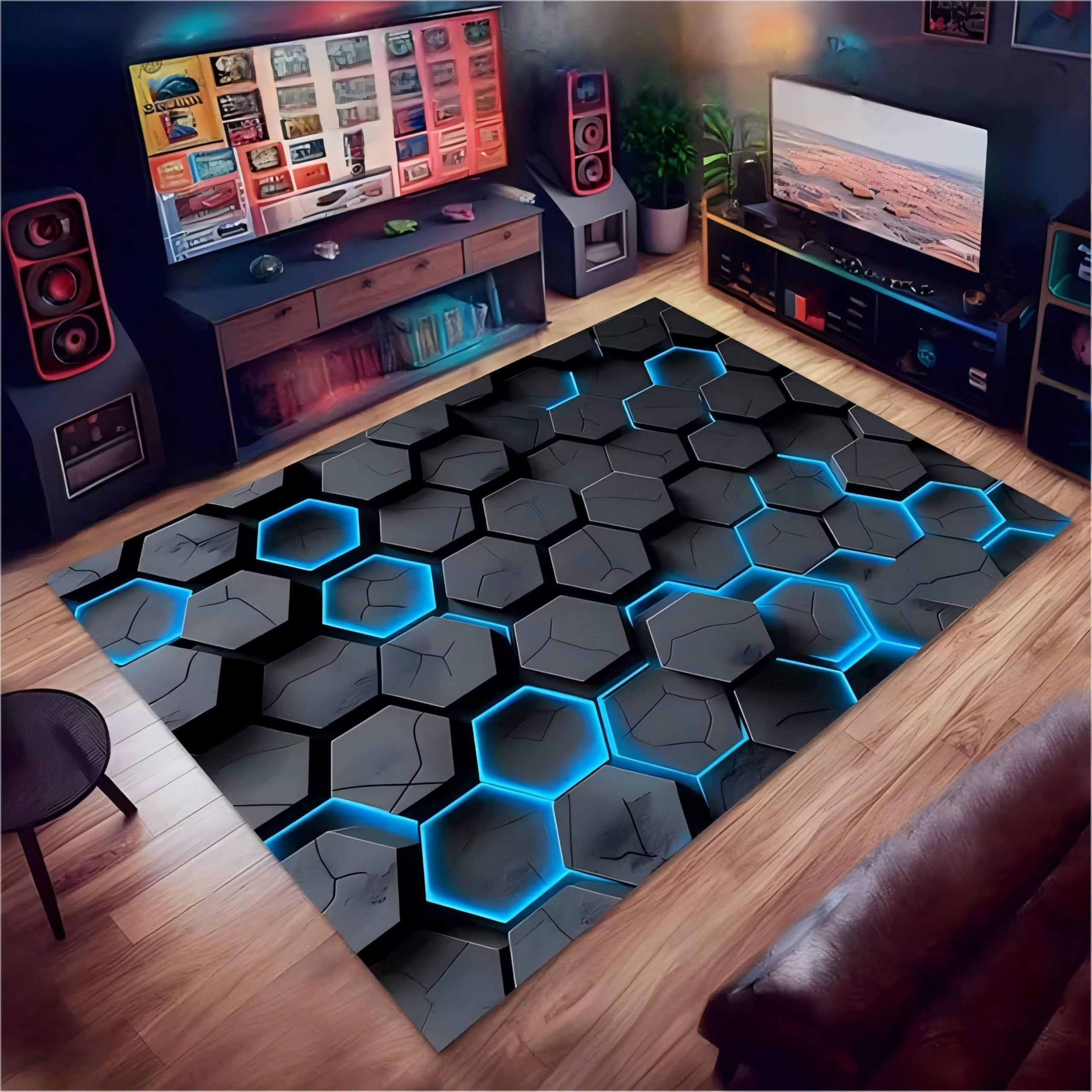 USHIRUG Honeycomb Area Rug, 60x90cm 3D Geometric Hexagonal Black Blue Crack Illusion Soft Rugs, Essential Mat for Teenagers' and Children's Living Rooms for Bedrooms Gaming Rooms and Playrooms