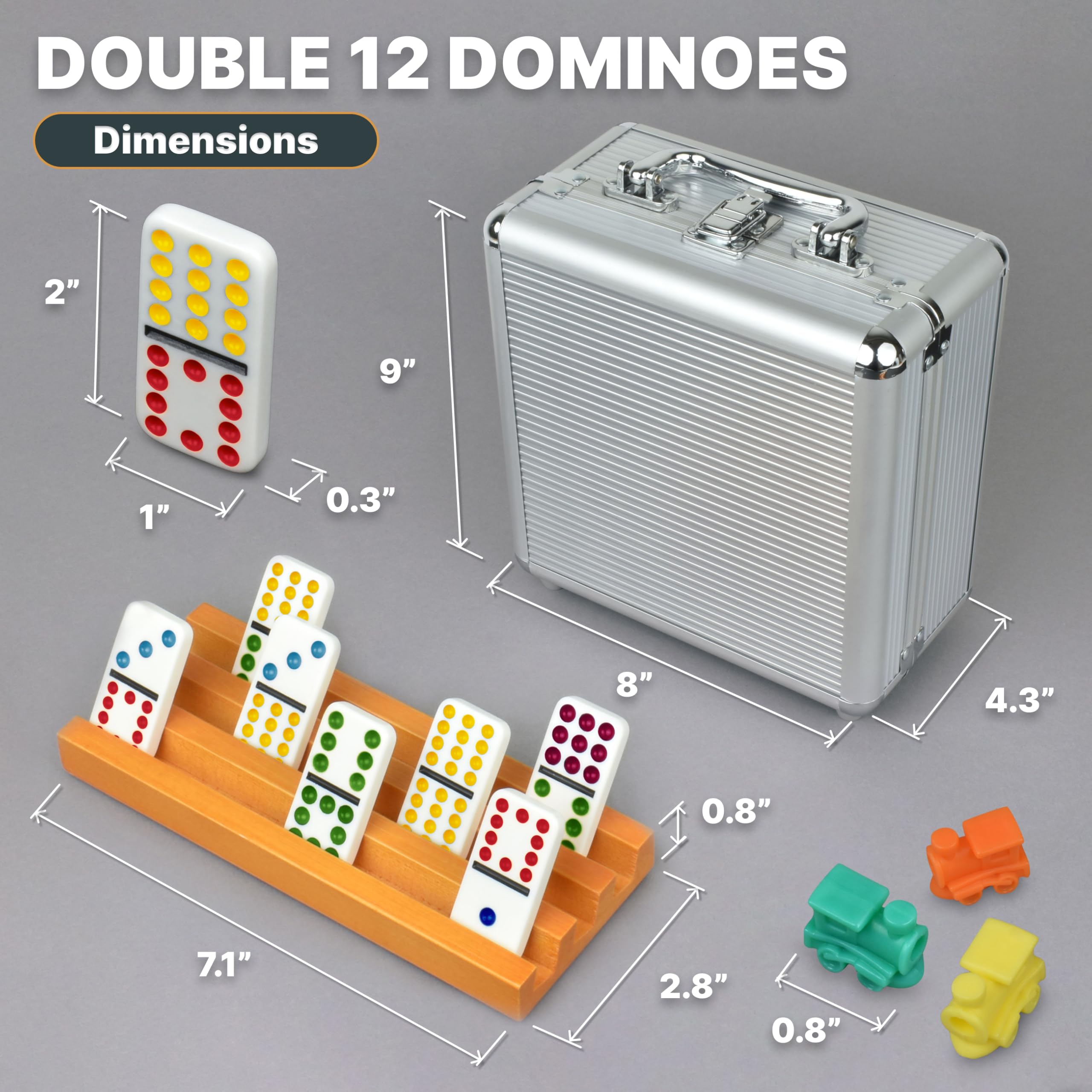Queensell Mexican Train Dominoes Set including 8 Holders - Wooden Hub and Tiles Holders - Double 12 Tiles with Dots (D12 + 8 Holders) - Image 2