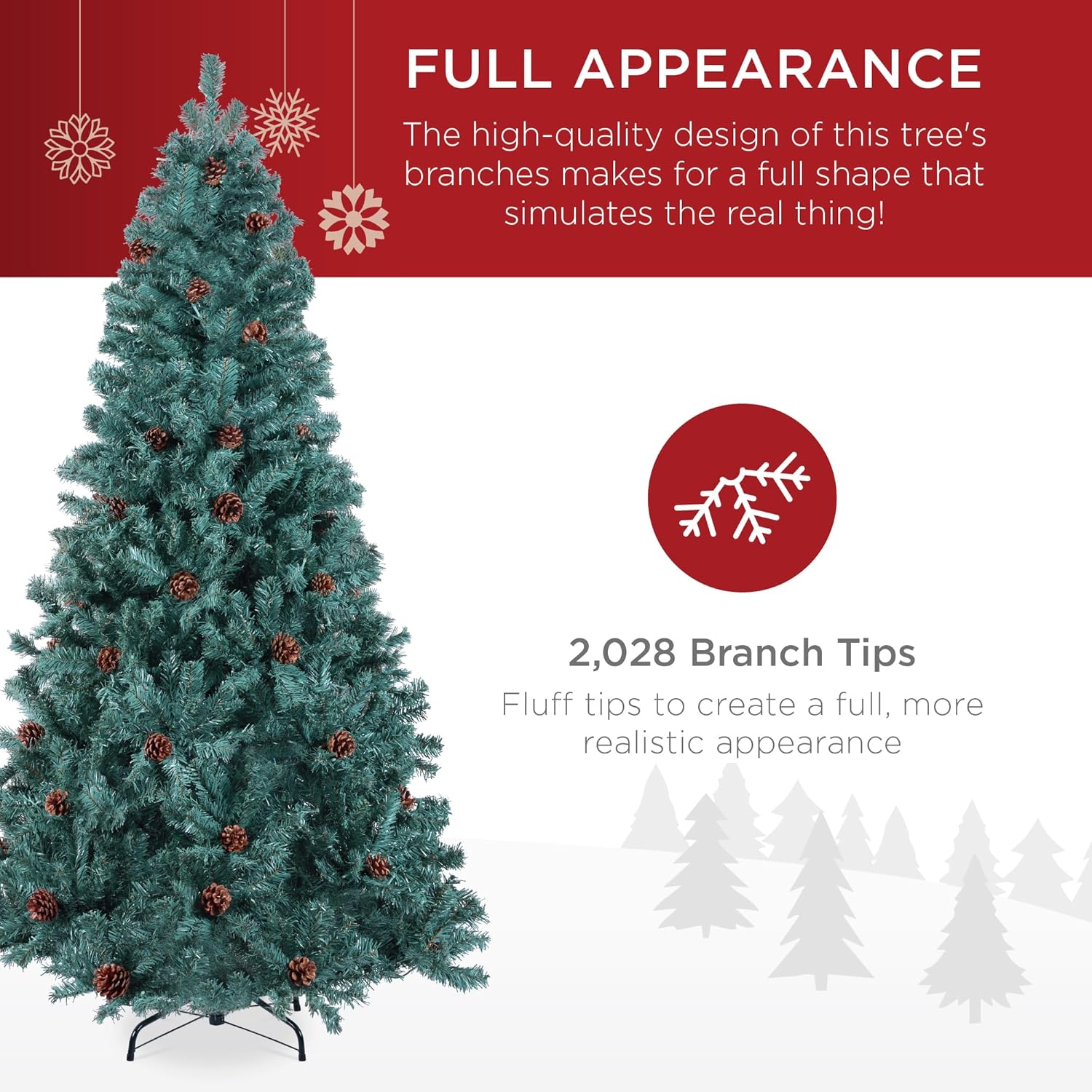 Best Choice Products 9ft Pre-Decorated Holiday Christmas Tree for Home, Office, Party Decoration w/2,028 Tips, Pinecones, Metal Base – Blue Spruce