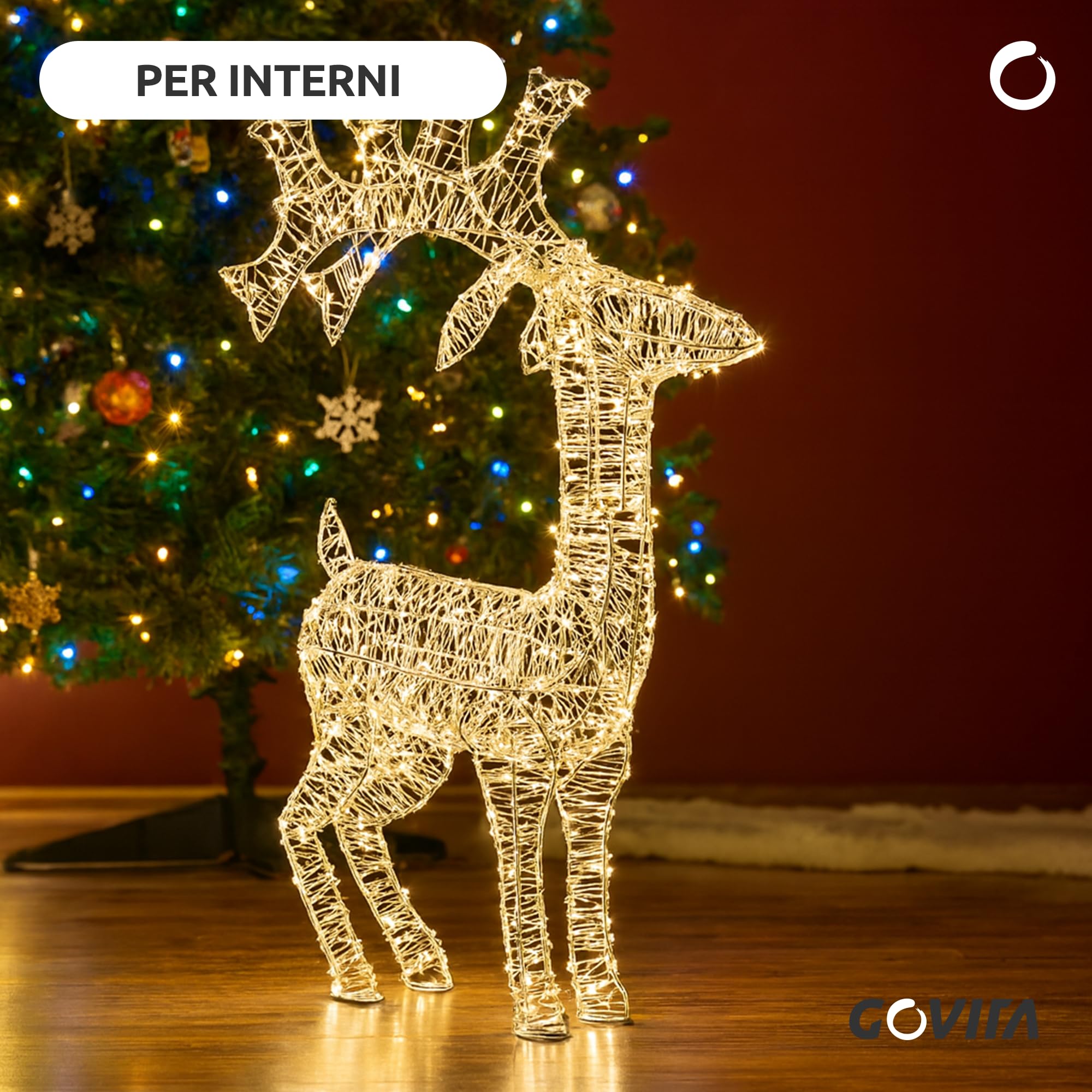 GOVITA Renna Natalizia Luminosa 3D con MicroLED, Struttura in Acciaio Zincato, Impermeabile per Esterno/Interno, Luce Bianco Caldo, Addobbo Natale per Giardino e Casa, Modello Senza Slitta