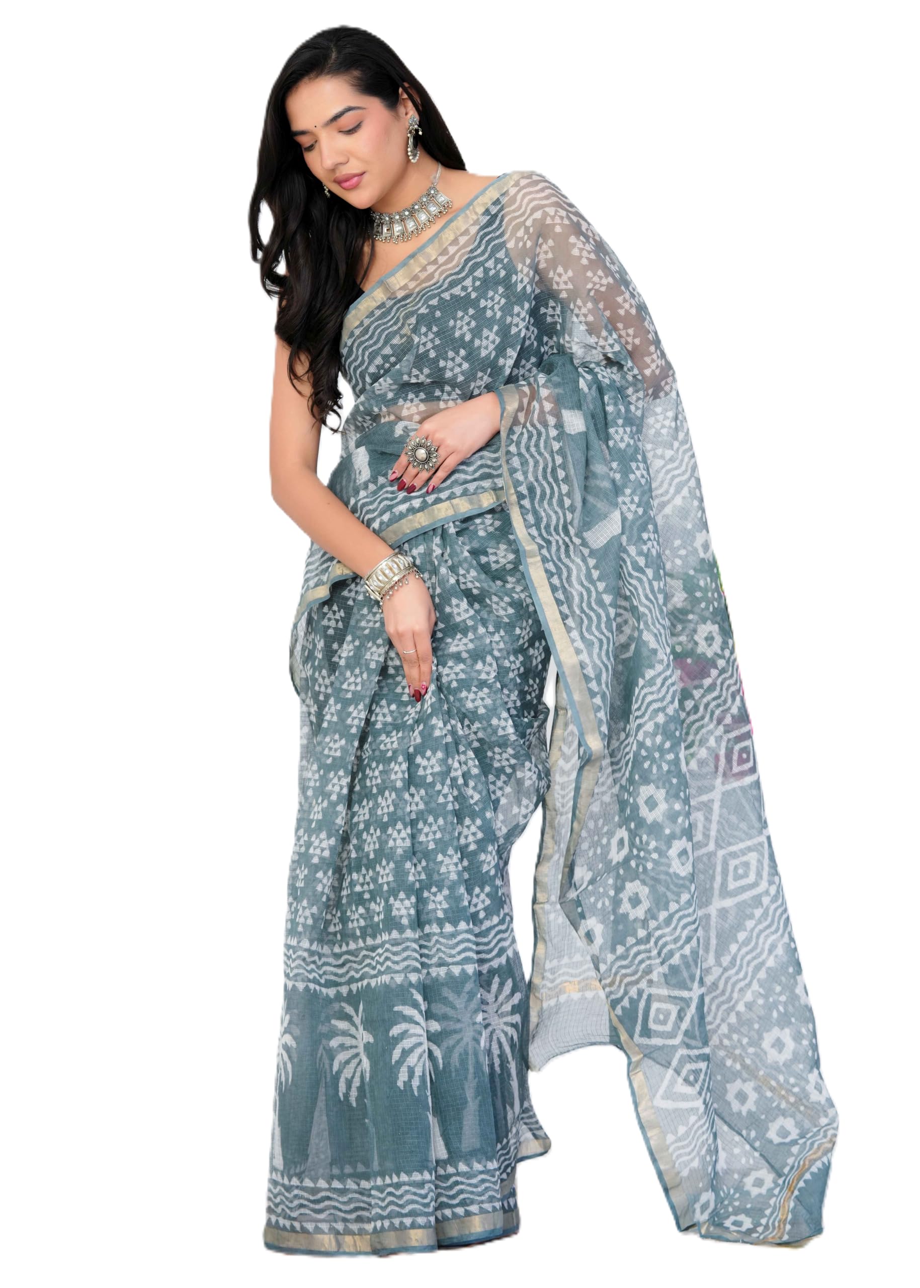 Kota Doriya Hand Block Printed Saree for Women | 5.5m Saree + 0.8m Unstitched Blouse Piece | Lightweight Traditional & Office Wear Saree Grey-image-6