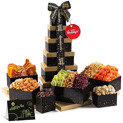 Nut Cravings Gourmet Collection - Christmas Tower Dried Fruit & Nuts Gift Basket with Happy Holiday Ribbon (12 Assortments) Care Package Tray, Healthy Kosher Snack Box