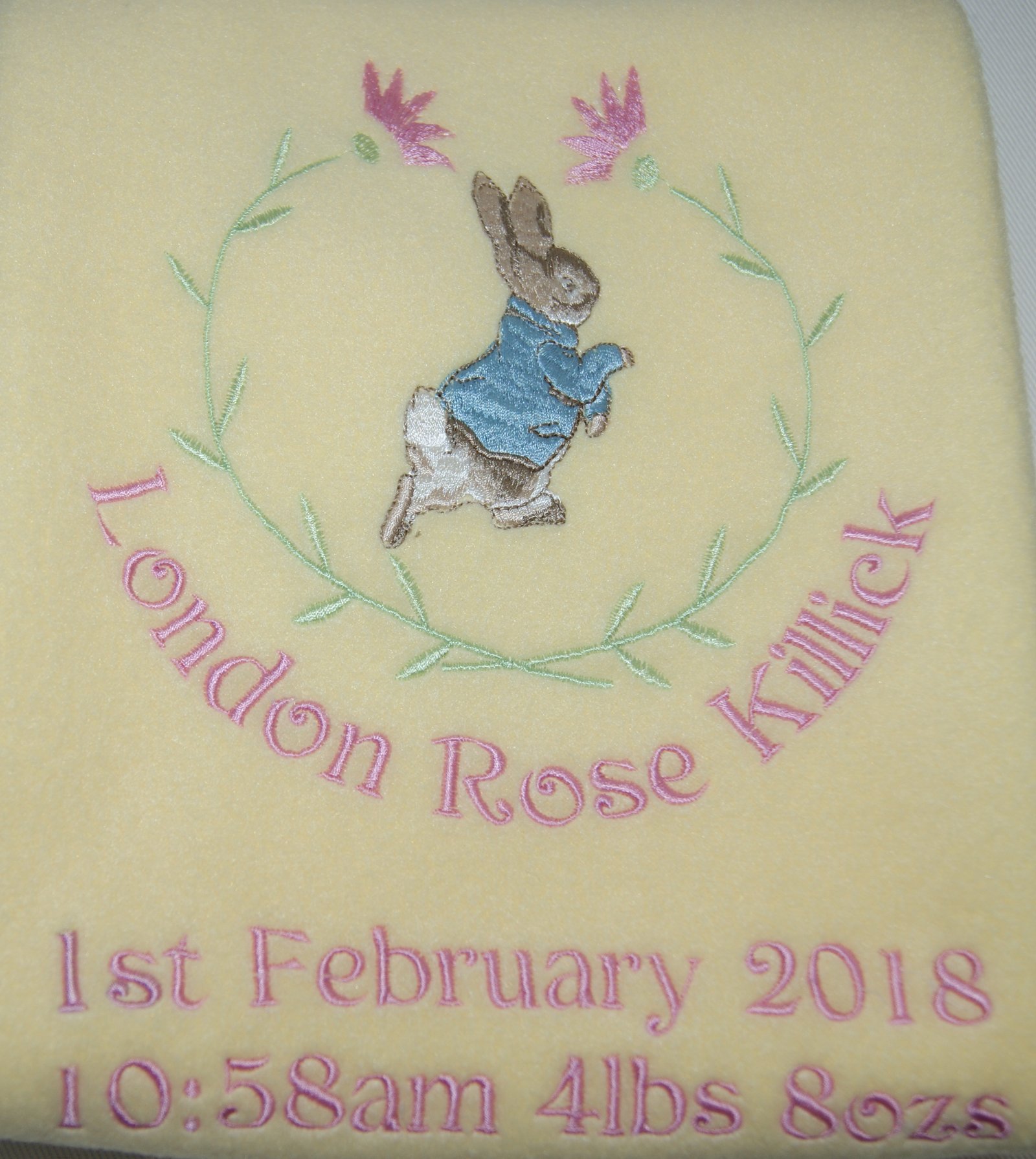 Girl’s Personalised Little Rabbit Super Soft Fleece Birth Blanket. (Lemon)